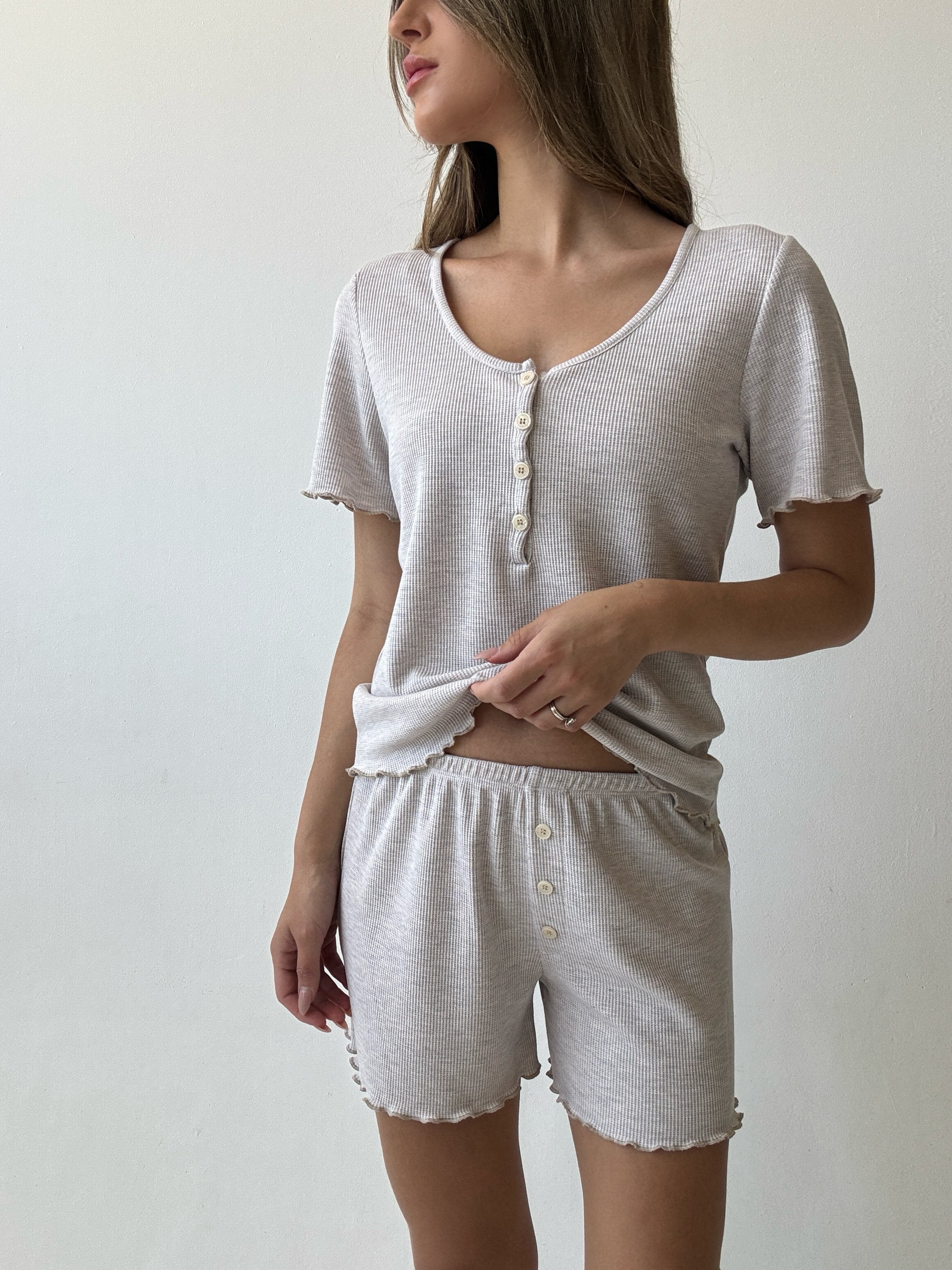 פיג׳מה לילה קצרה וואפל דק אפור