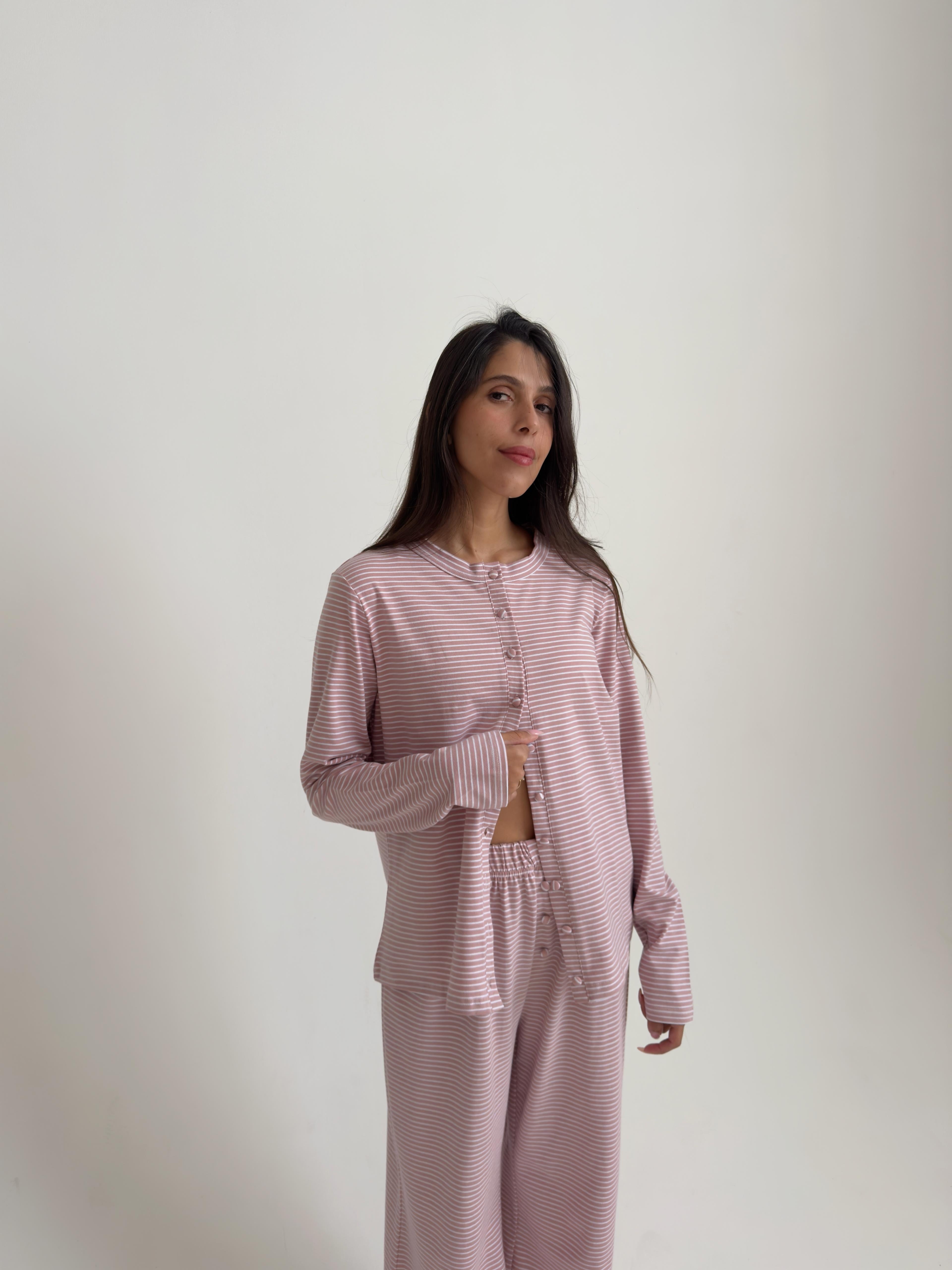 פיג׳מת נינה פסים ורוד בד כותנה