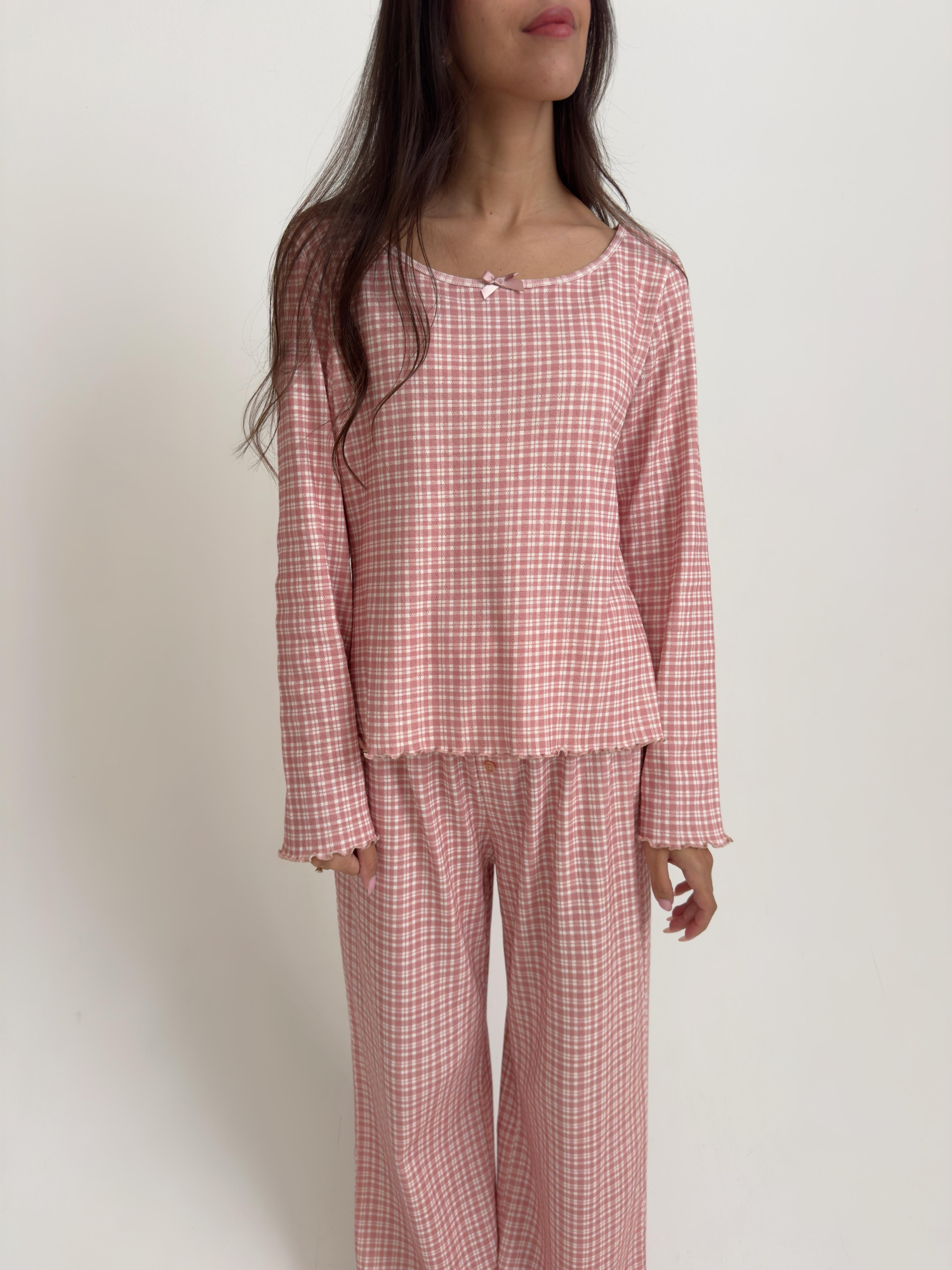 פיג׳מת לילה פוינטל פרינט משבצות ורוד פופיון