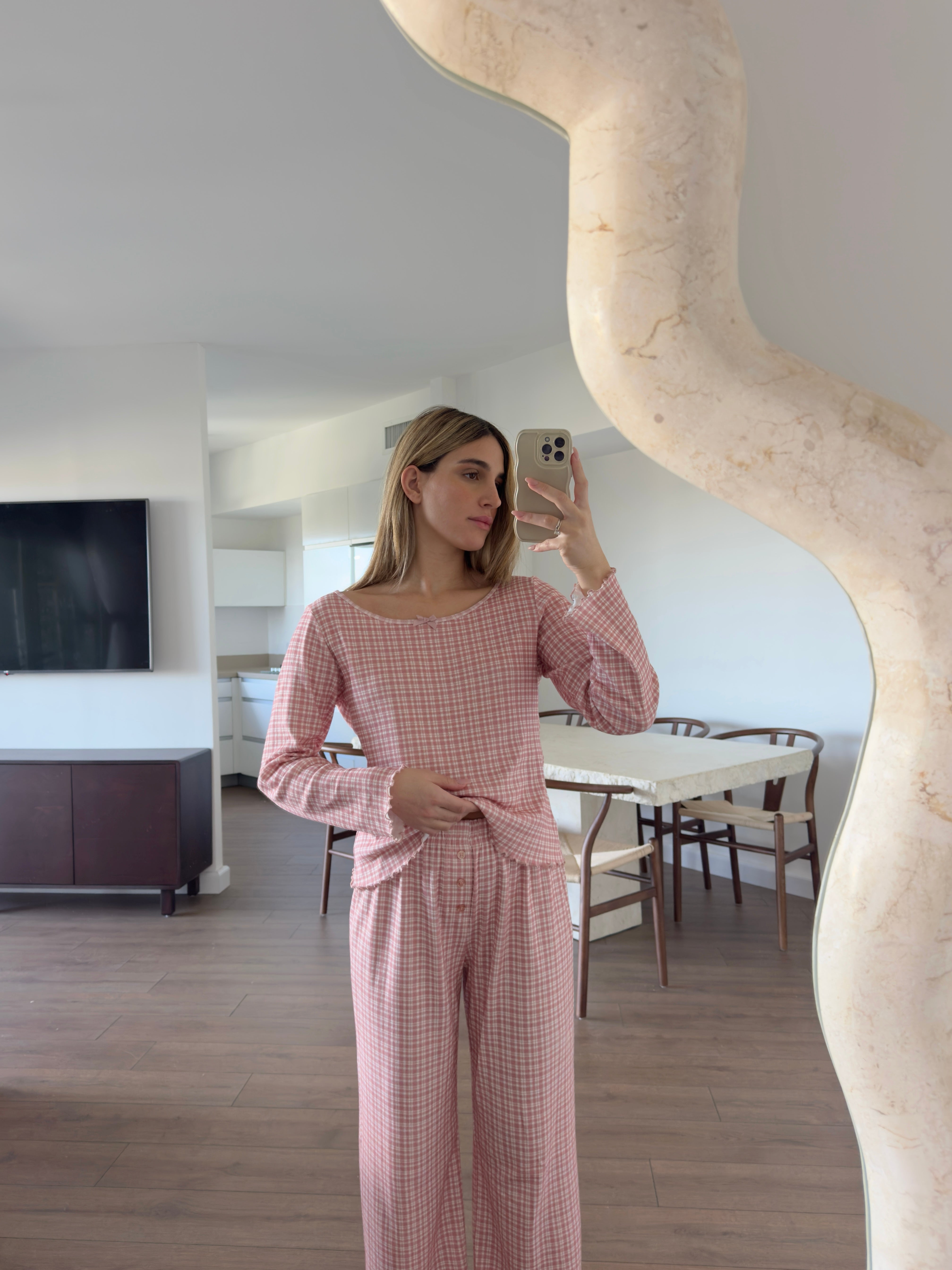 פיג׳מת לילה פוינטל פרינט משבצות ורוד פופיון