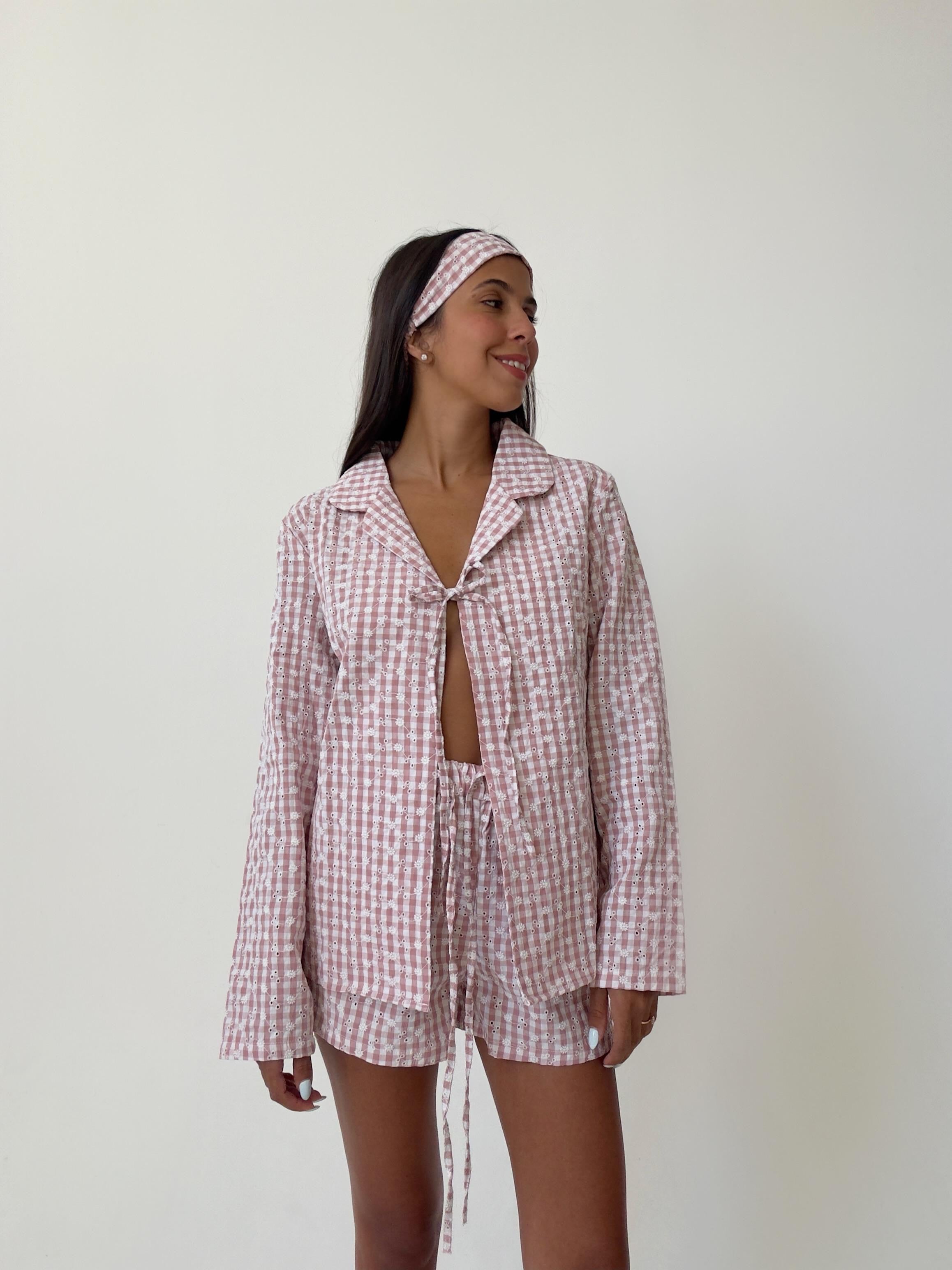 חליפת טוסקנה כותנה משבצות רקמת פרחים ורוד