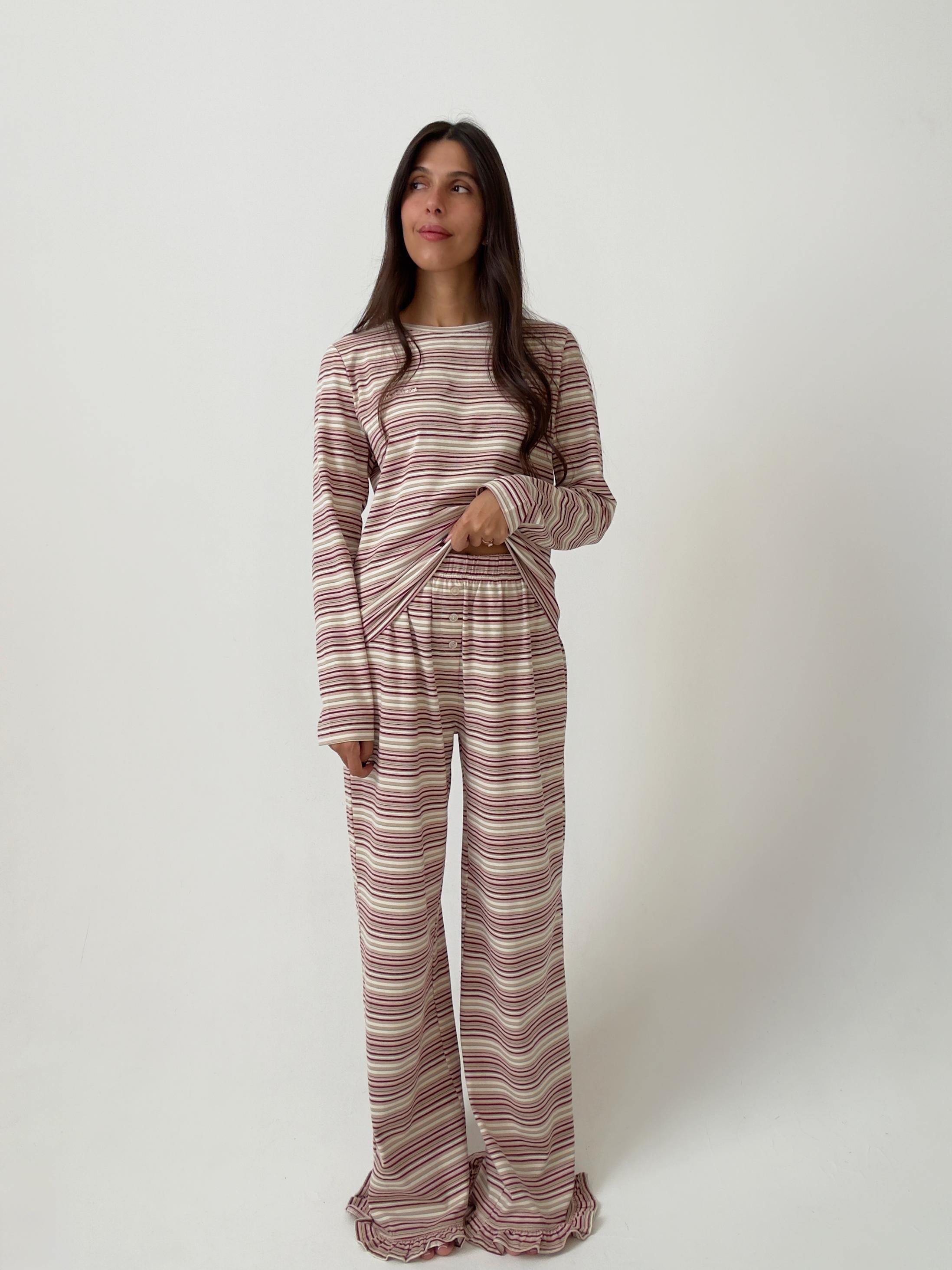 פיג׳מת ג׳סי כותנה פסים בורדו רקמת לוגו