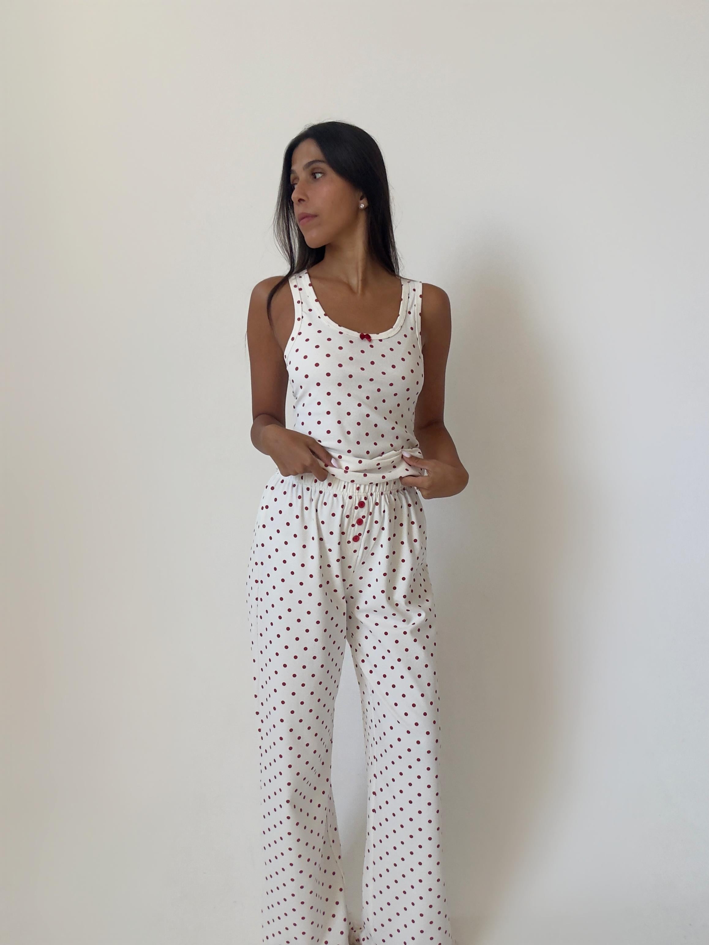 פיג׳מת לורן כותנה פרינט נקודות בורדו