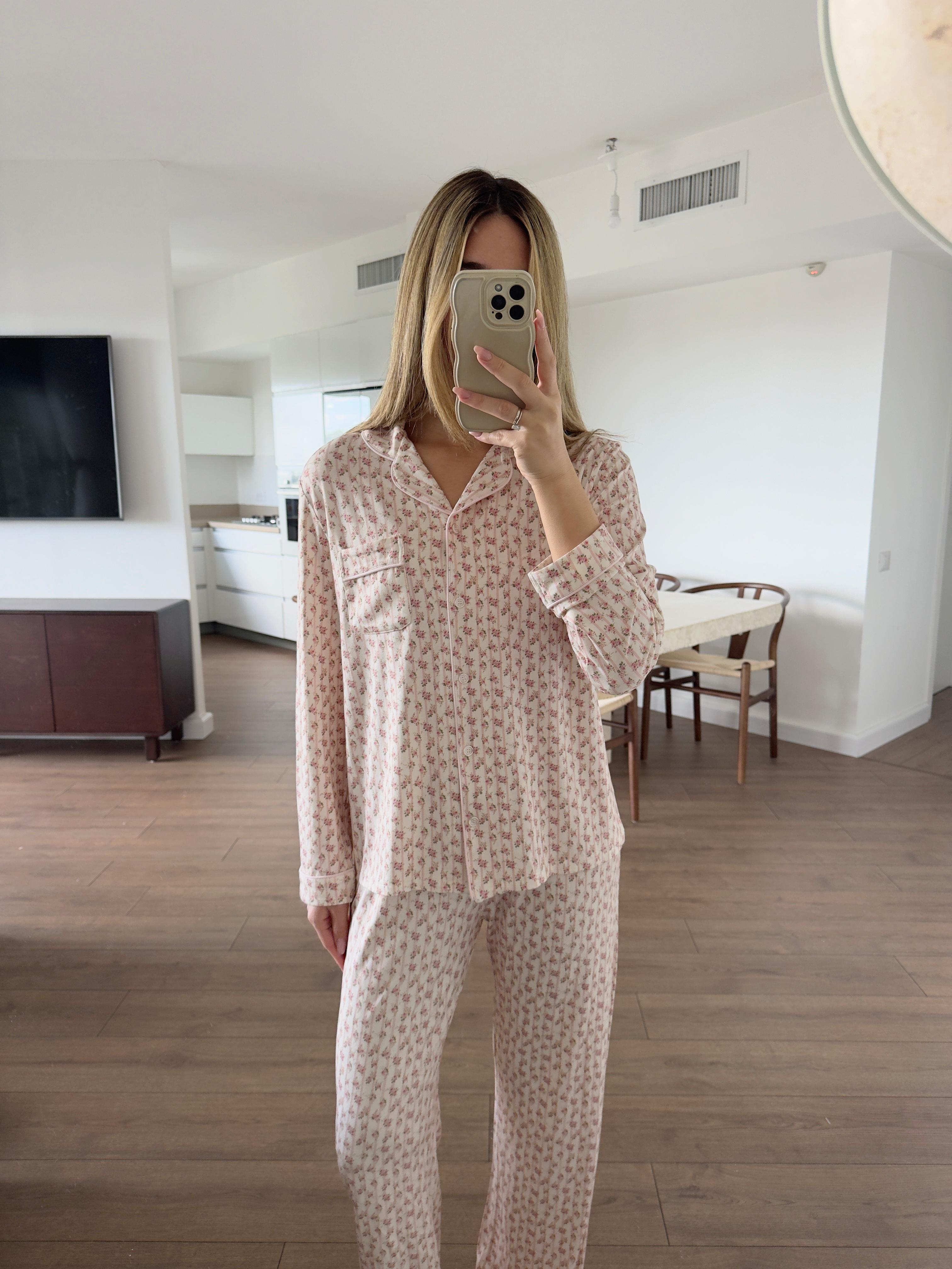 פיג׳מת אמלי פרינט פרחים ורוד