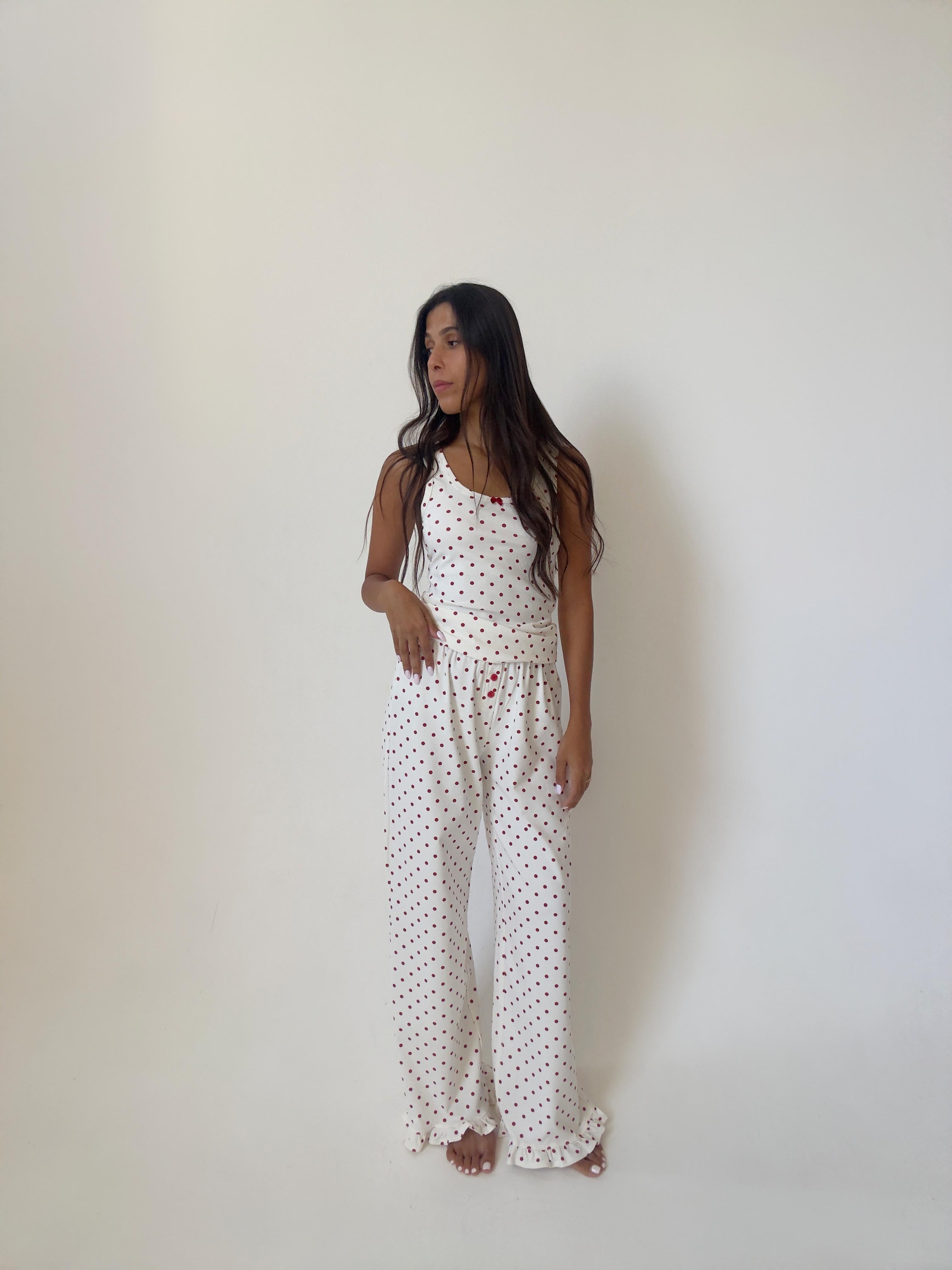 פיג׳מת לורן כותנה פרינט נקודות בורדו