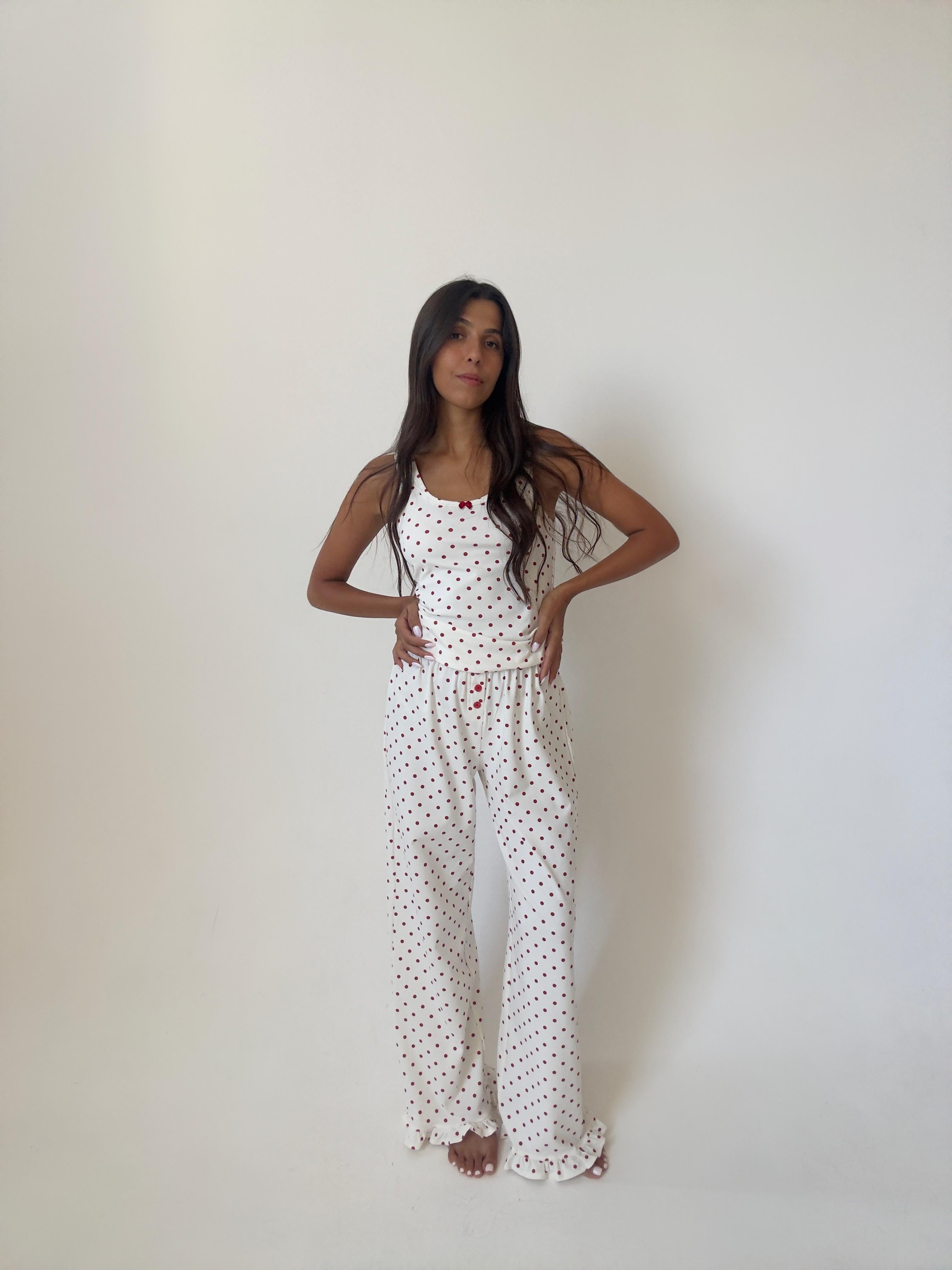 פיג׳מת לורן כותנה פרינט נקודות בורדו