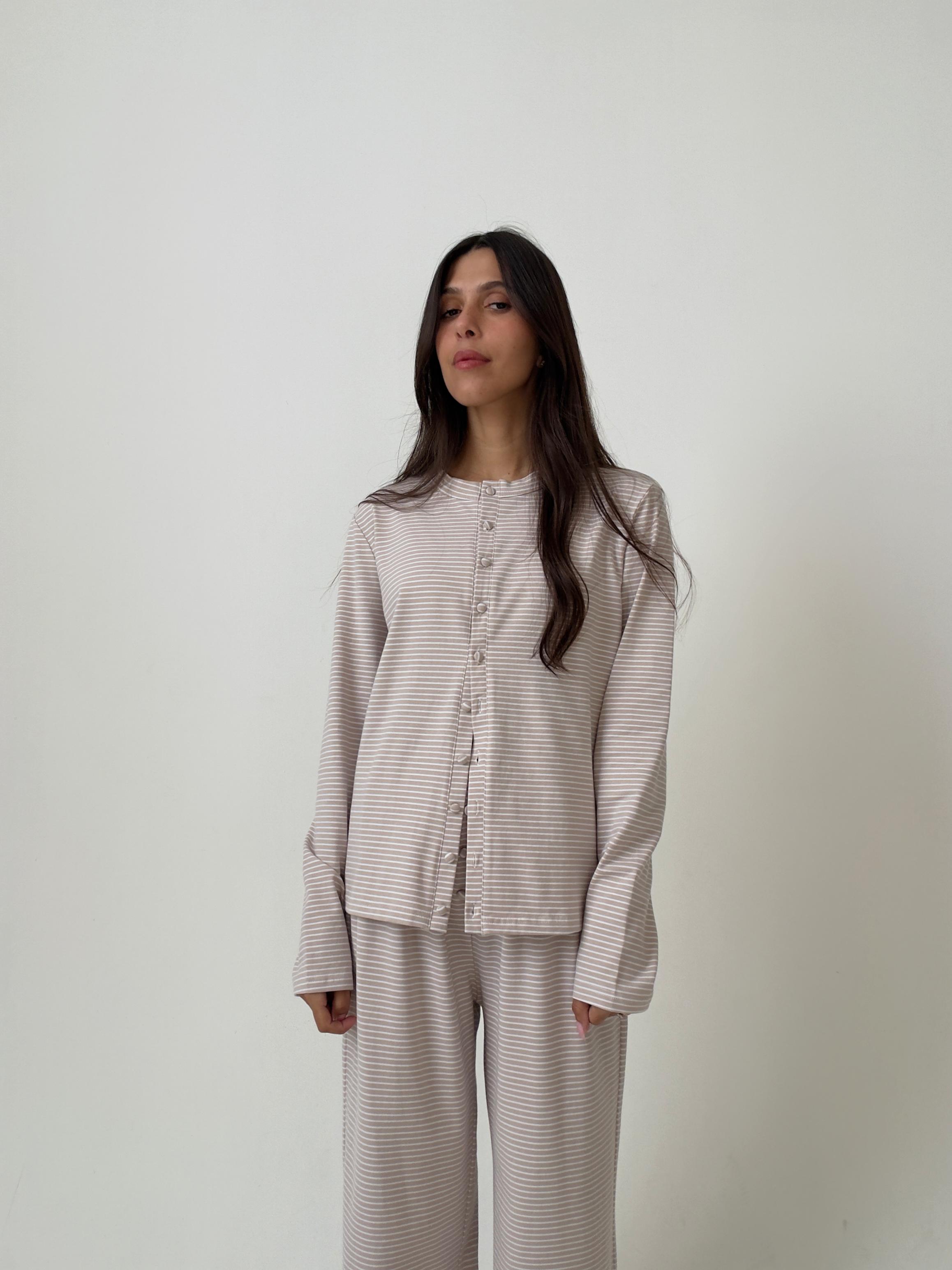 פיג׳מת נינה פסים אבן בד כותנה