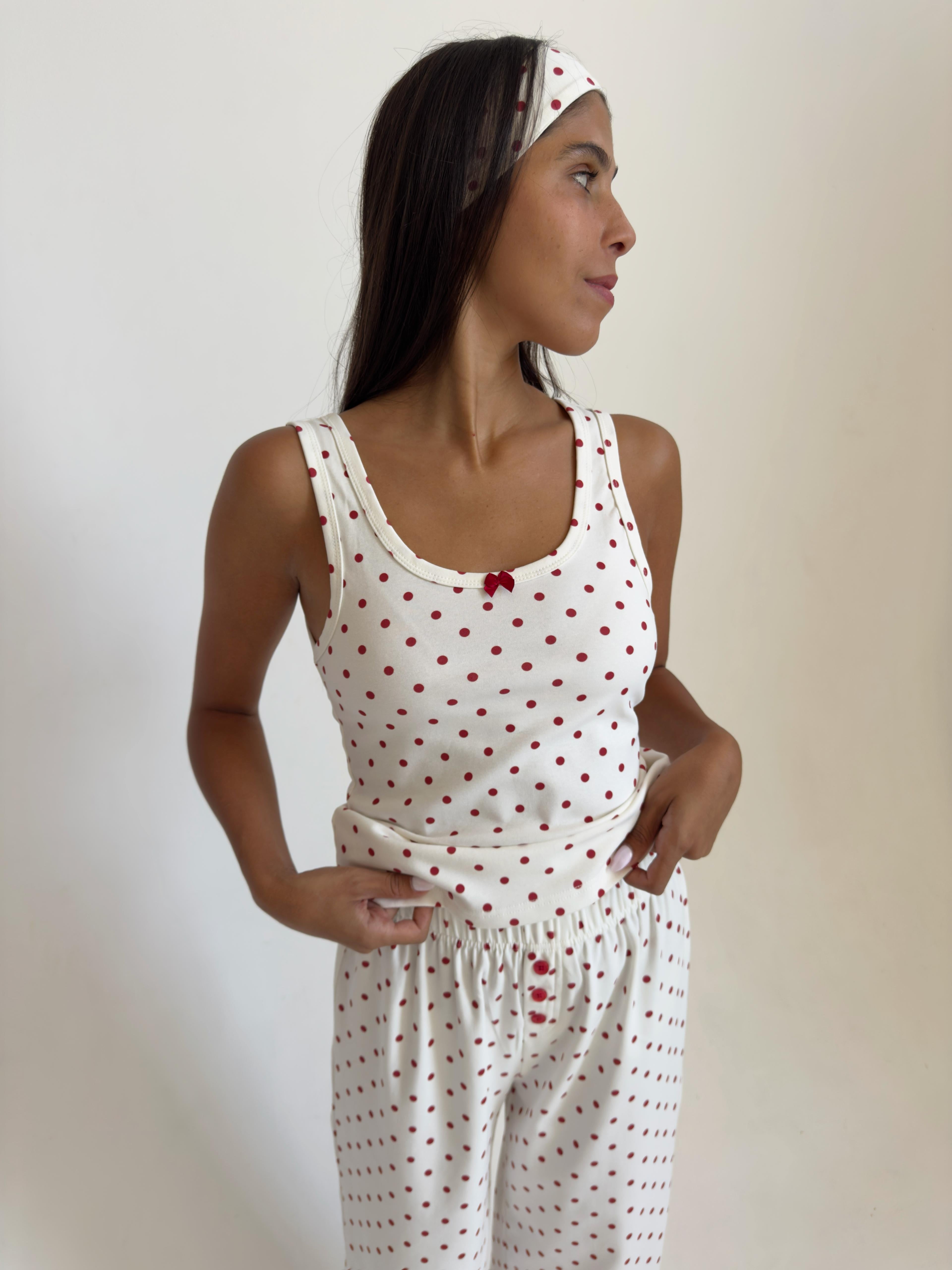 פיג׳מת לורן כותנה פרינט נקודות בורדו