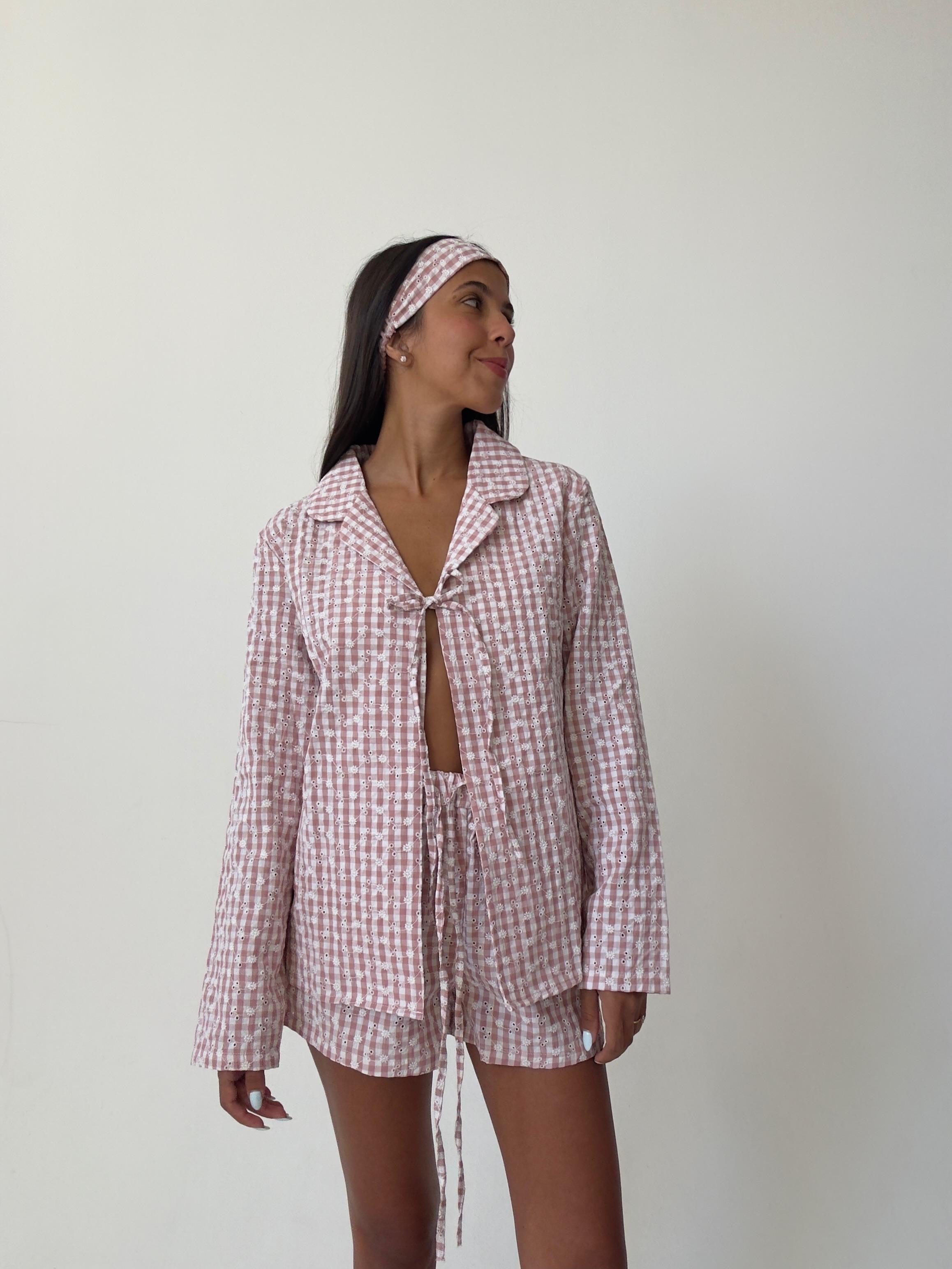 חליפת טוסקנה כותנה משבצות רקמת פרחים ורוד