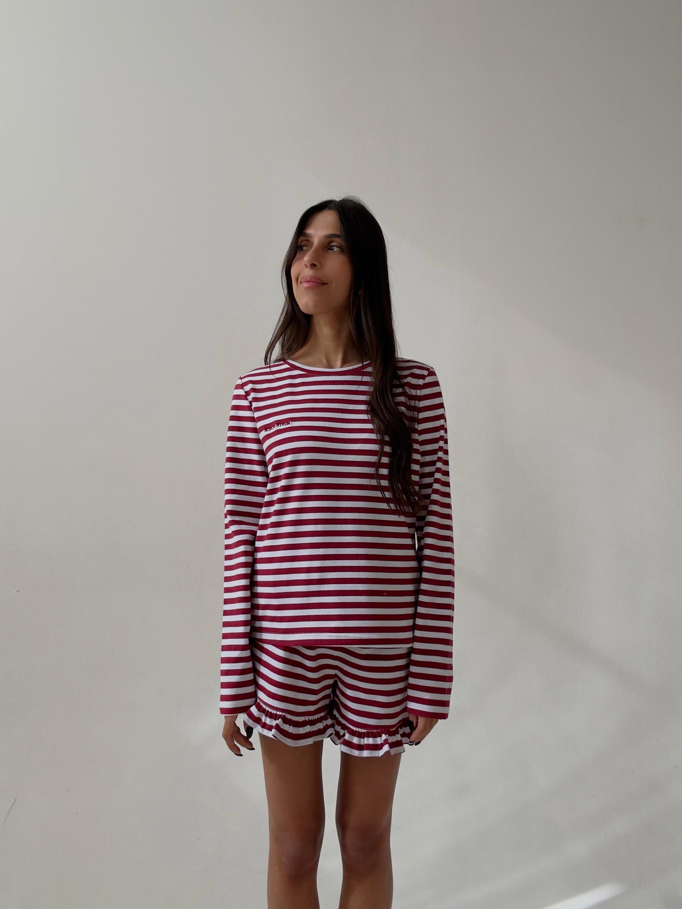 פיג׳מת ג׳סי כותנה פסים בורדו רקמת לוגו