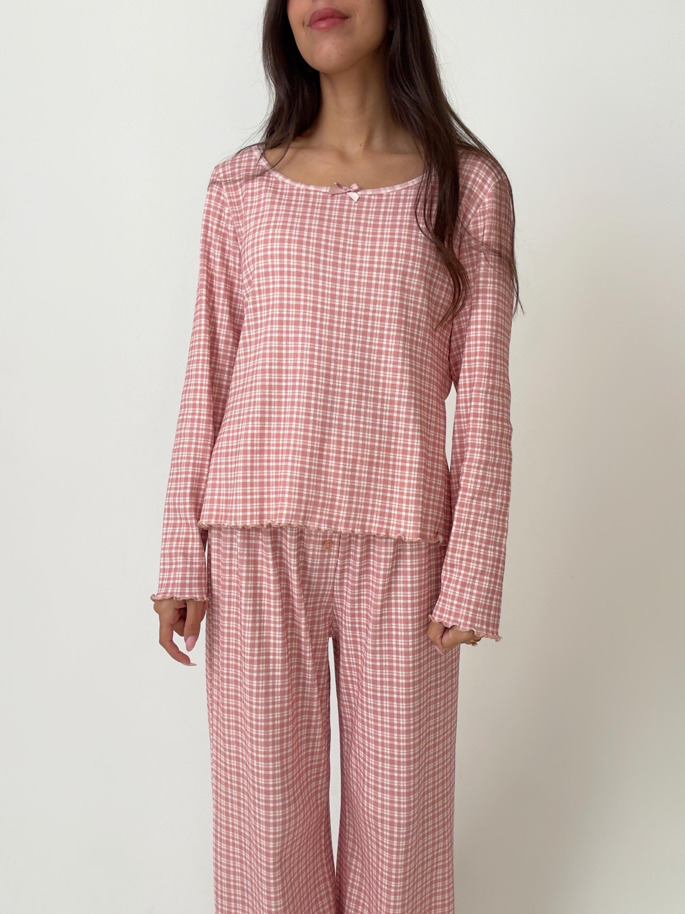 פיג׳מת לילה פוינטל פרינט משבצות ורוד פופיון