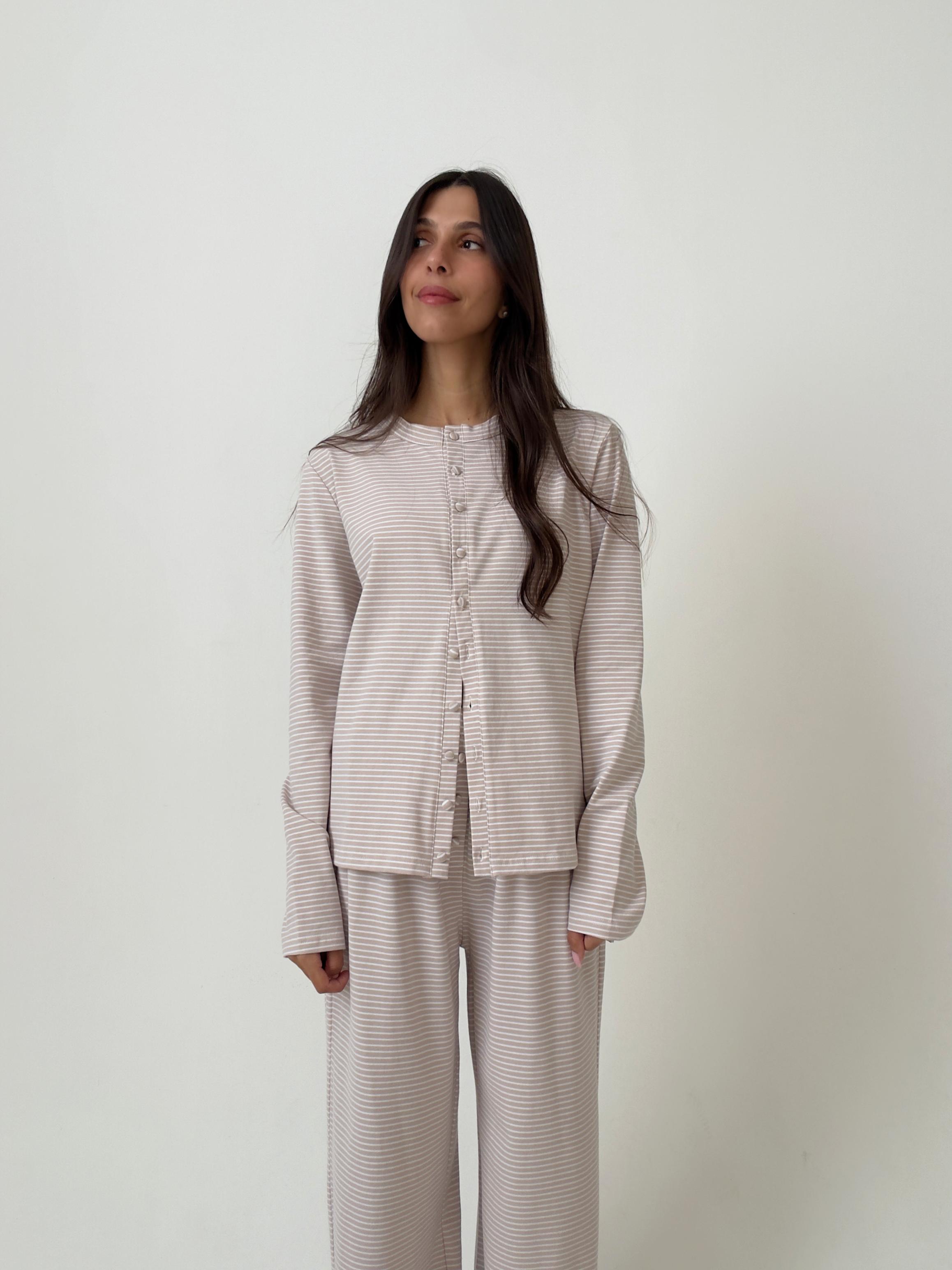 פיג׳מת נינה פסים אבן בד כותנה