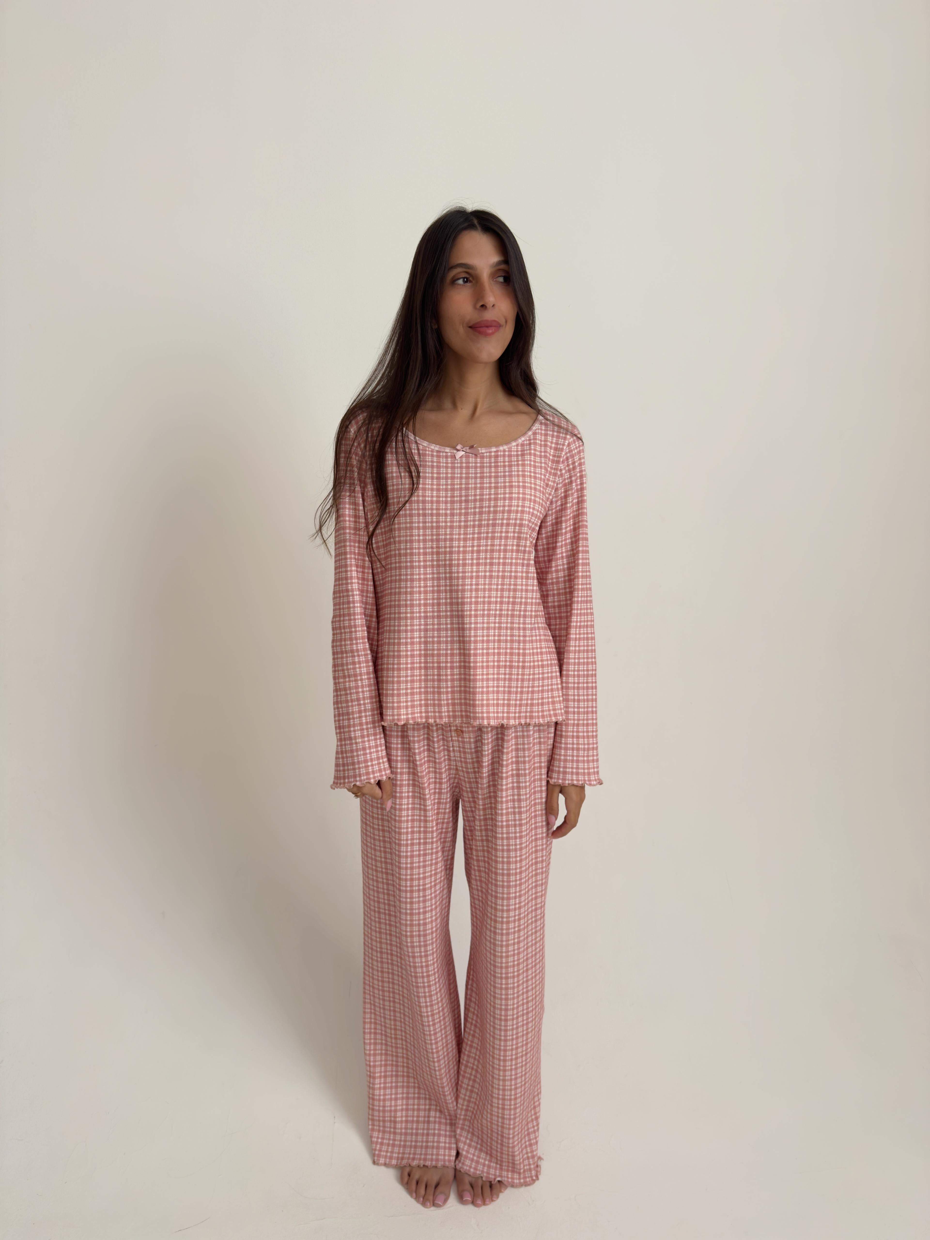 פיג׳מת לילה פוינטל פרינט משבצות ורוד פופיון