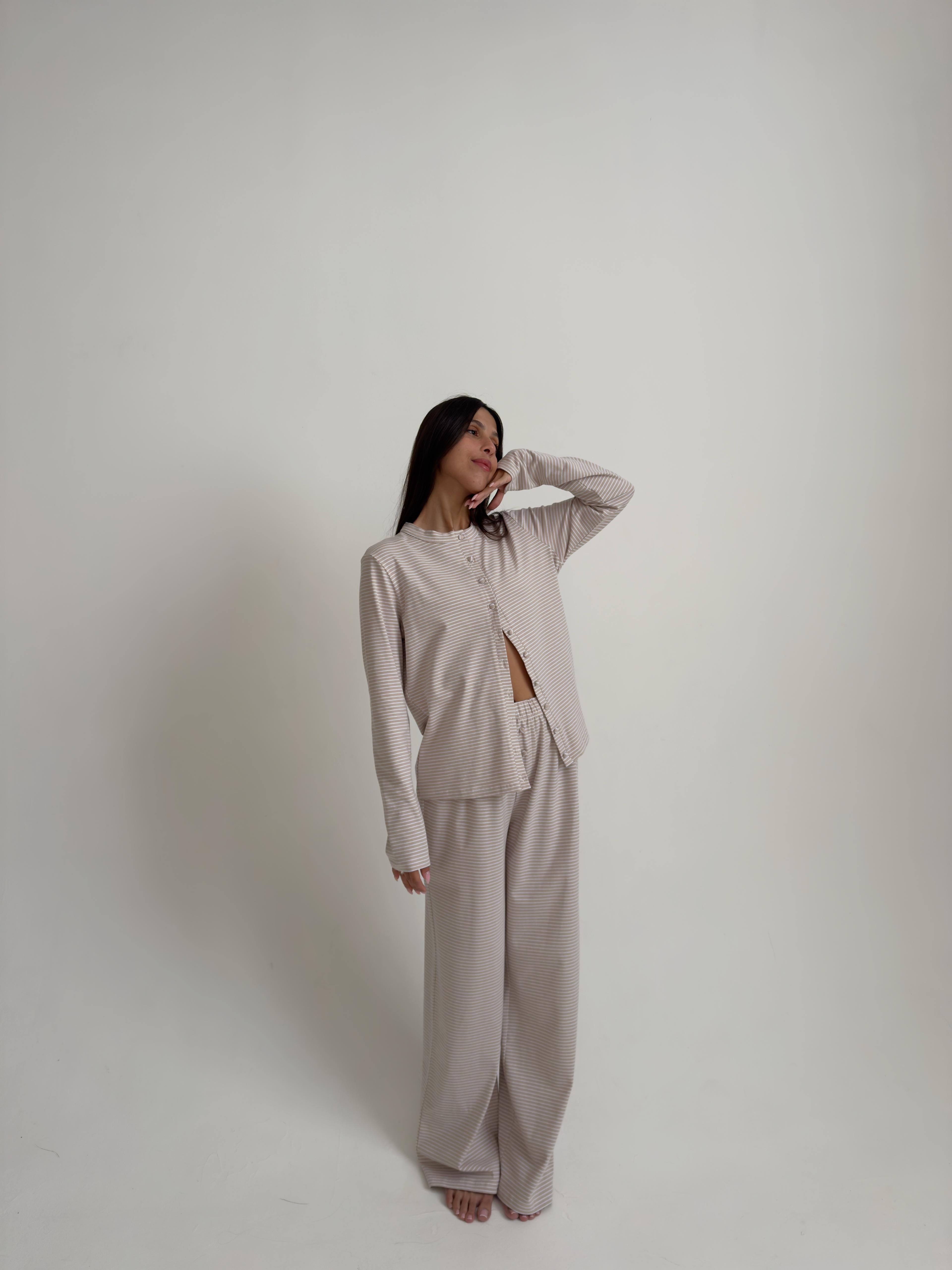 פיג׳מת נינה פסים אבן בד כותנה