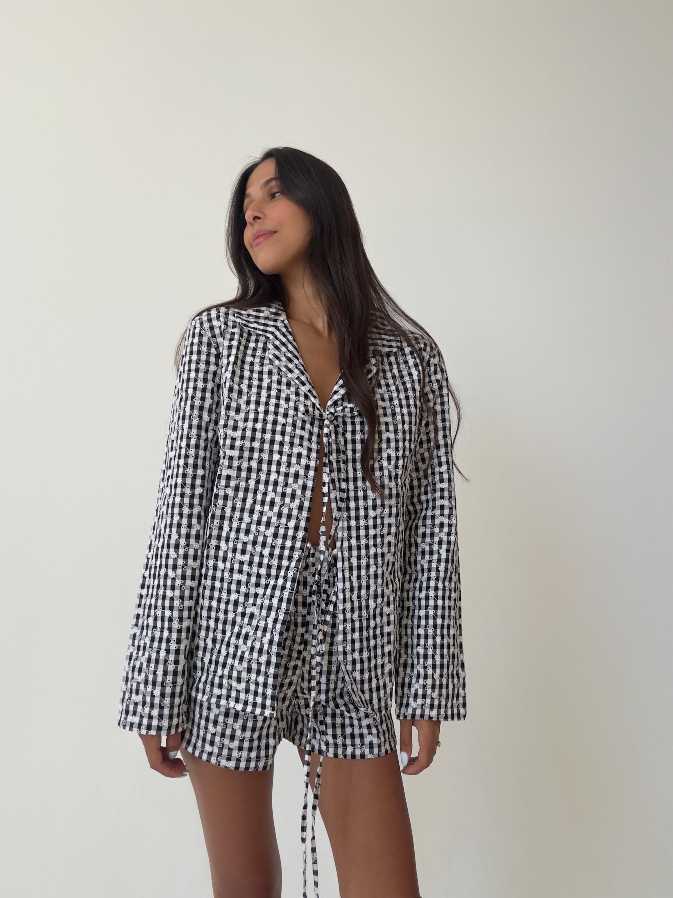 חליפת טוסקנה כותנה משבצות רקמת פרחים שחור