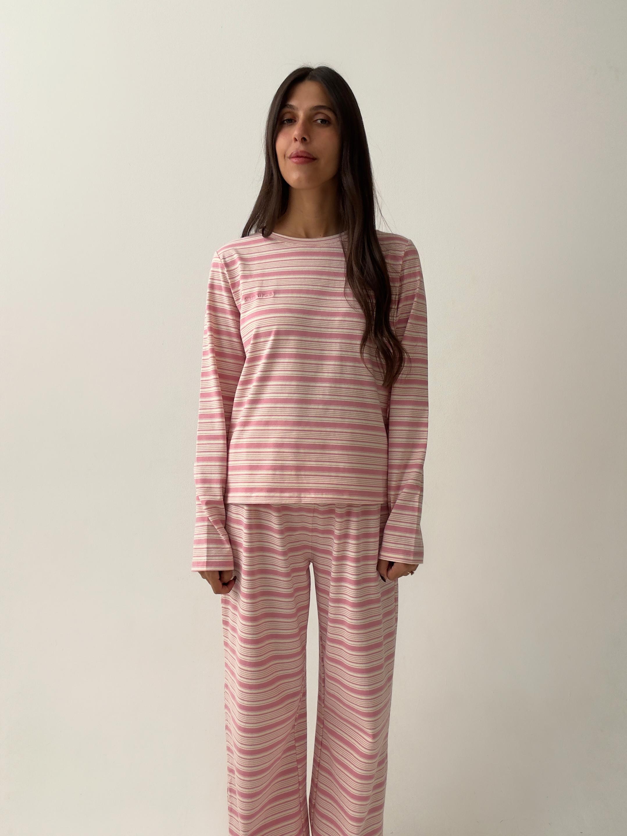 פיג׳מת ג׳סי כותנה פסים ורוד רקמת לוגו