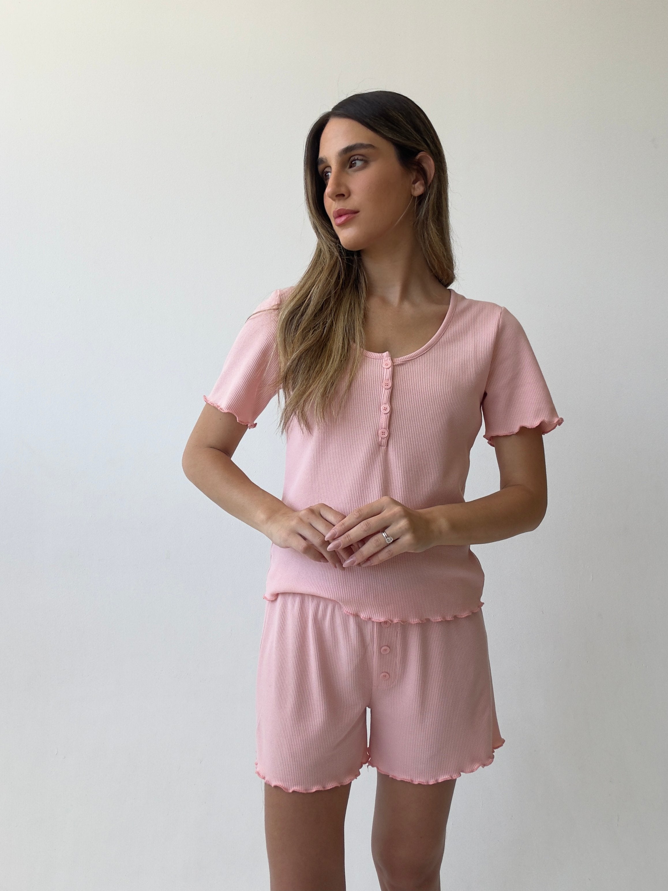 פיג׳מה לילה קצרה וואפל דק ורוד