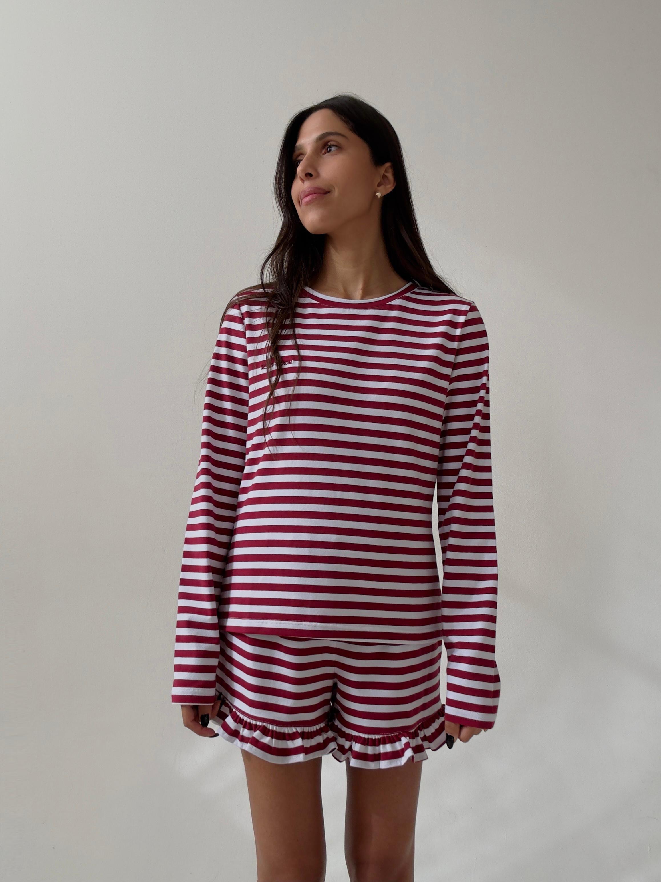 פיג׳מת ג׳סי כותנה פסים בורדו רקמת לוגו