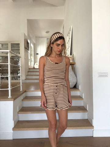 פיג׳מת לורן כותנה סרוגה פסים חום