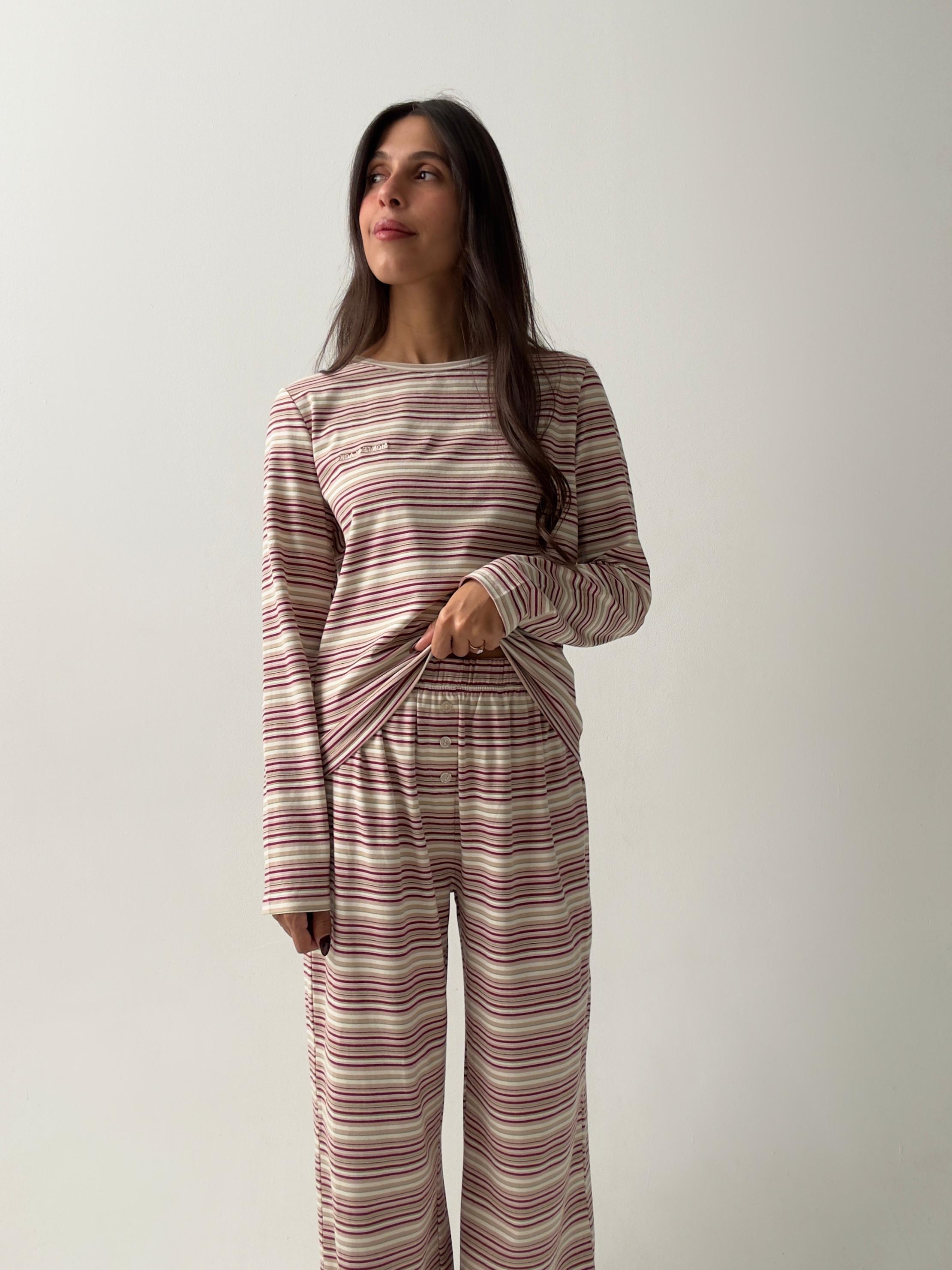 פיג׳מת ג׳סי כותנה פסים בורדו רקמת לוגו