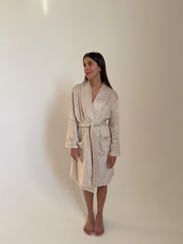 Stone-coloured fluffy dressing gown