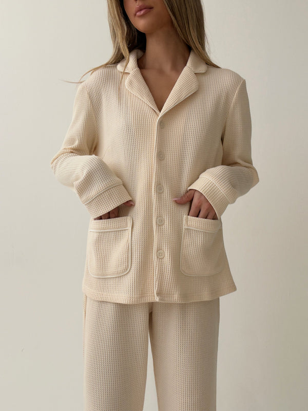 Kelly long Matte Crème Waffle Cotton Pajamas