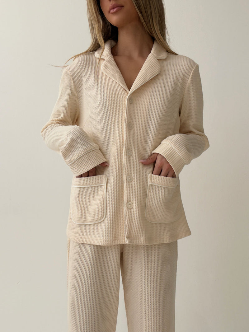 Kelly long Matte Crème Waffle Cotton Pajamas