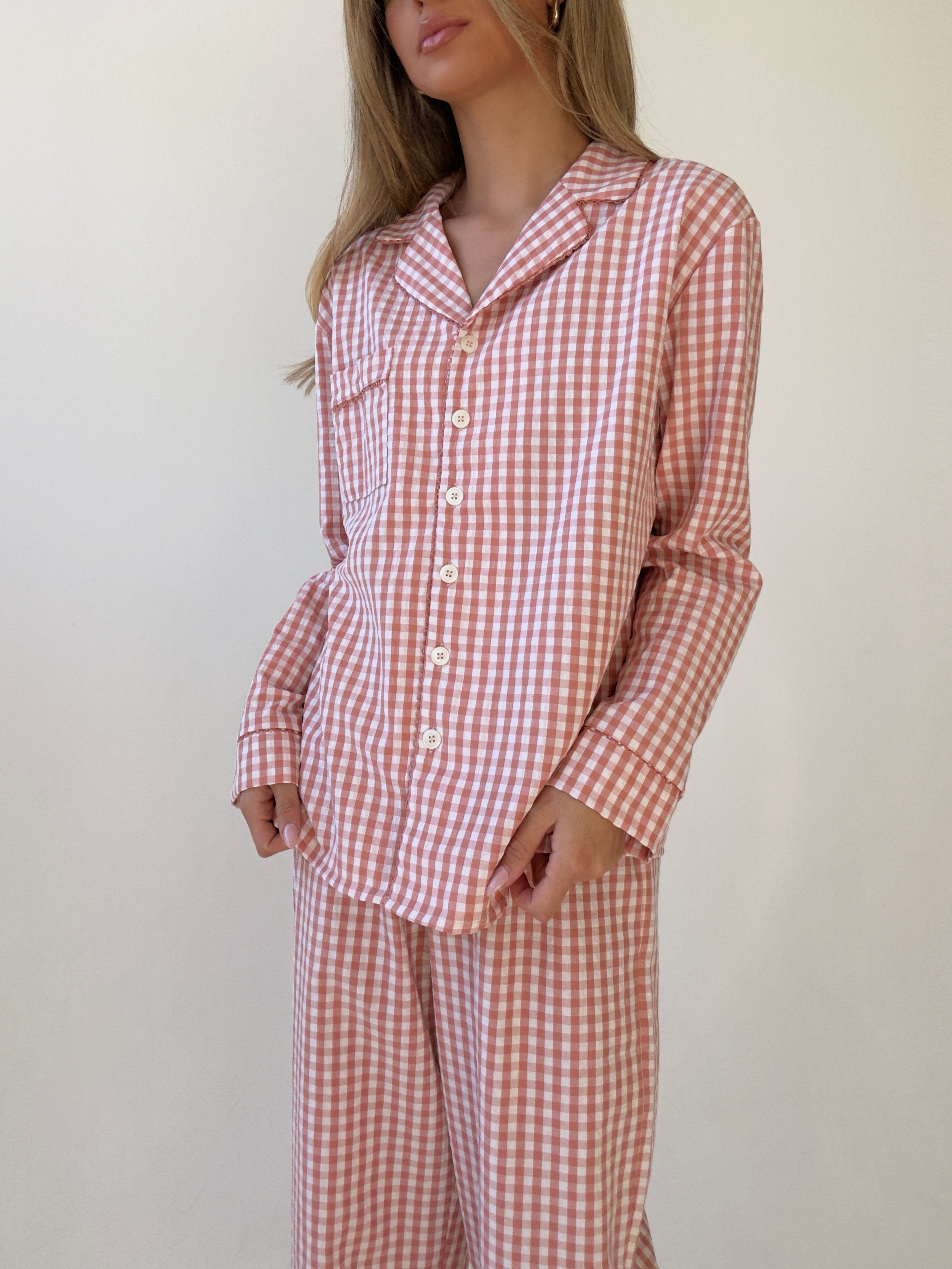 Yves long Matte Pink Checked Cotton Pajamas