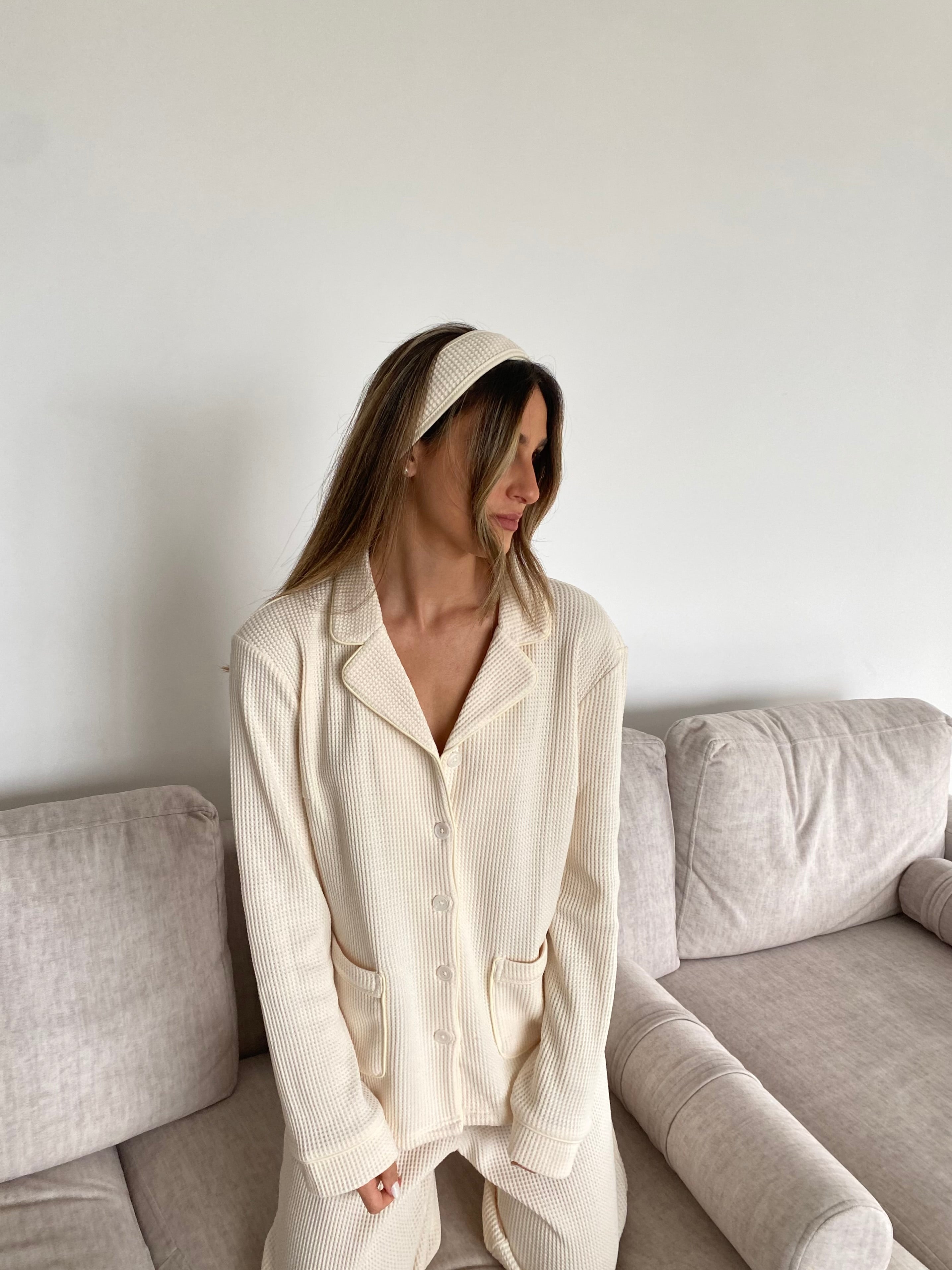 Kelly long Matte Crème Waffle Cotton Pajamas