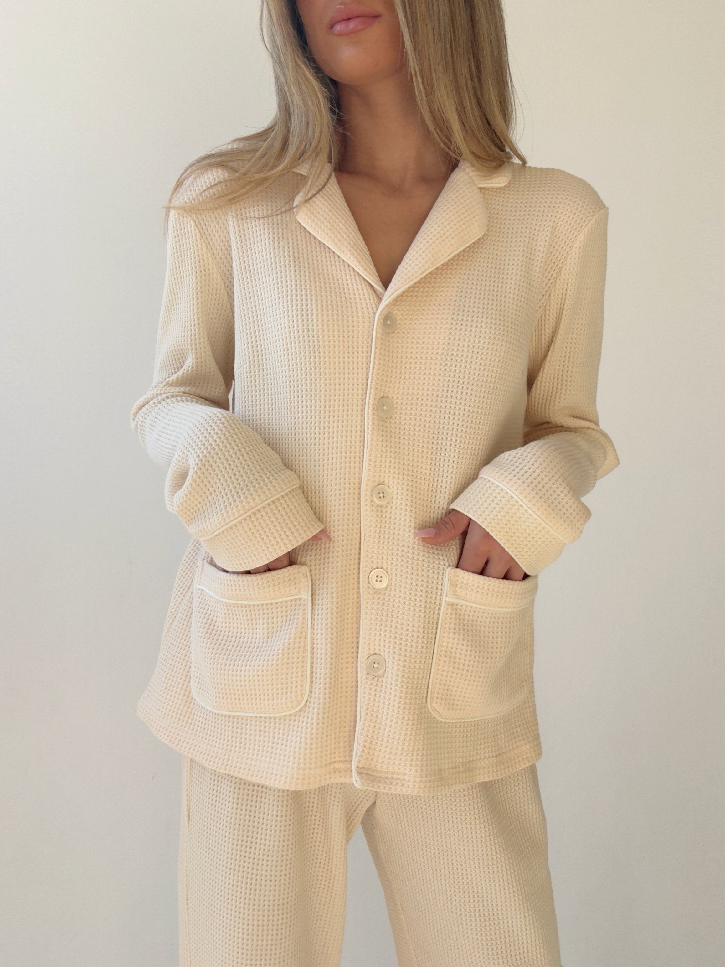 Kelly long Matte Crème Waffle Cotton Pajamas