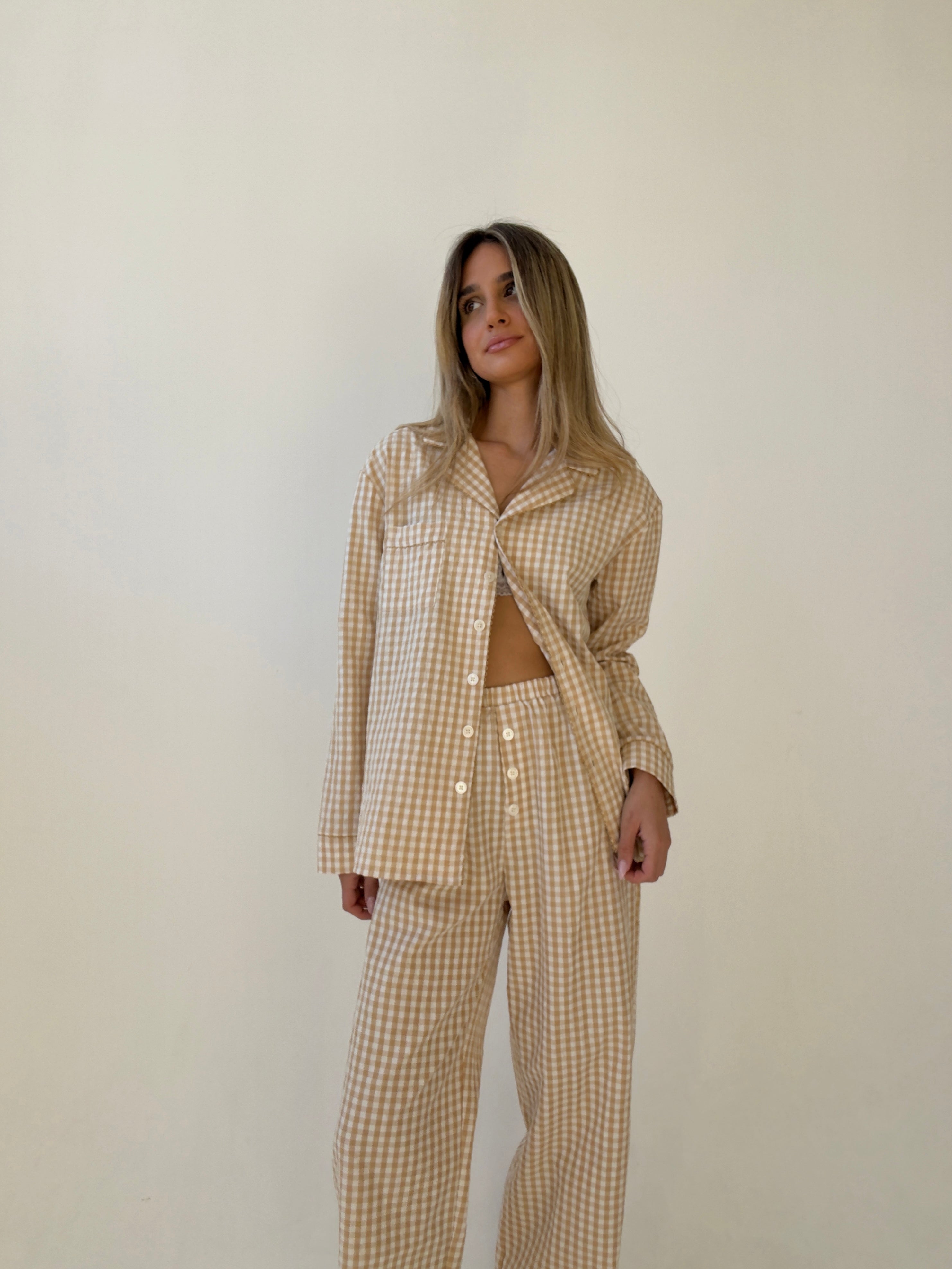 Yves long Matte Camel Checked Cotton Pajamas