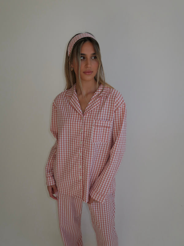 Yves long Matte Pink Checked Cotton Pajamas