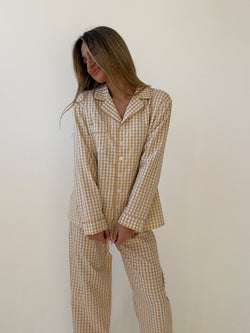 Yves long Matte Camel Checked Cotton Pajamas