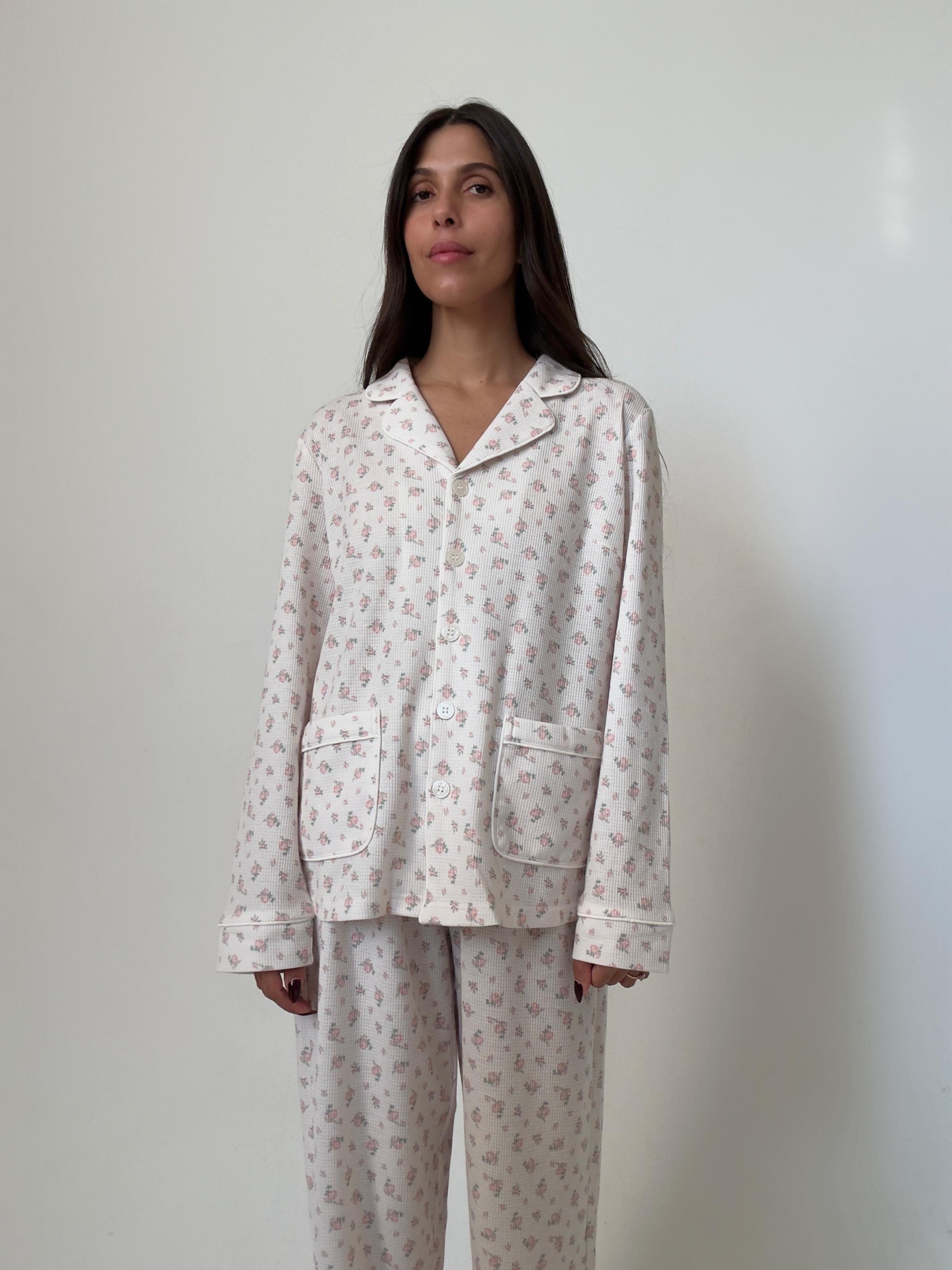 פיג׳מת קלי וואפל דק פרחוני אפרסק