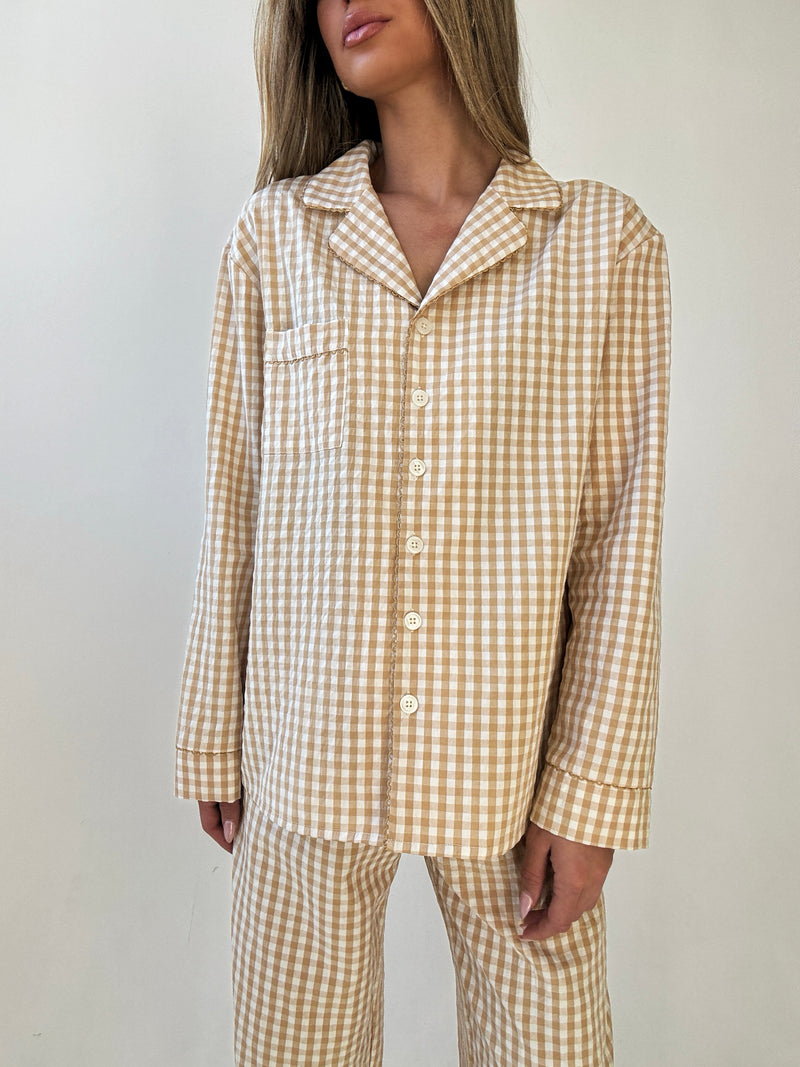 Yves long Matte Camel Checked Cotton Pajamas