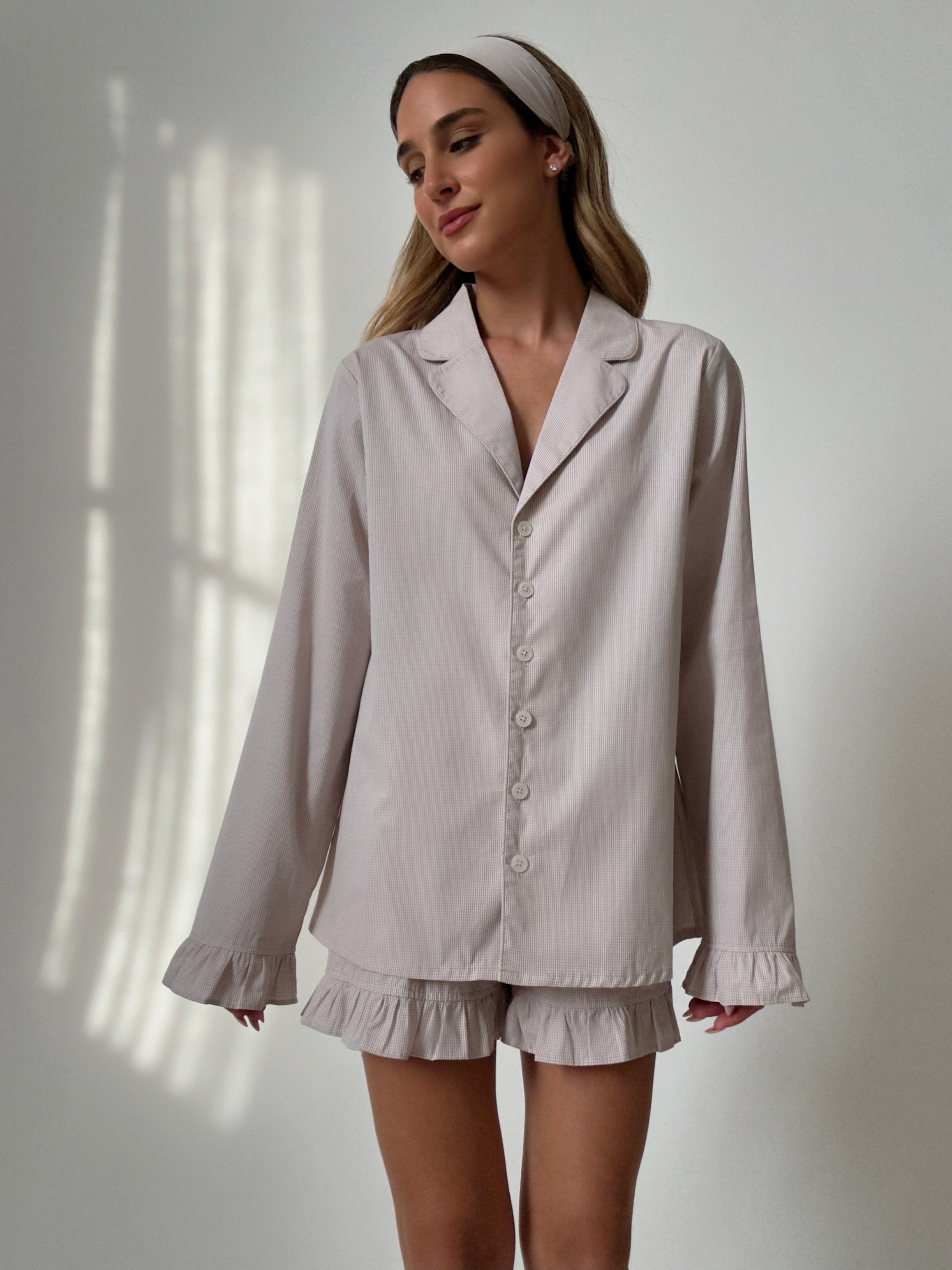 Yves Matte Camel Checked Cotton Pajamas