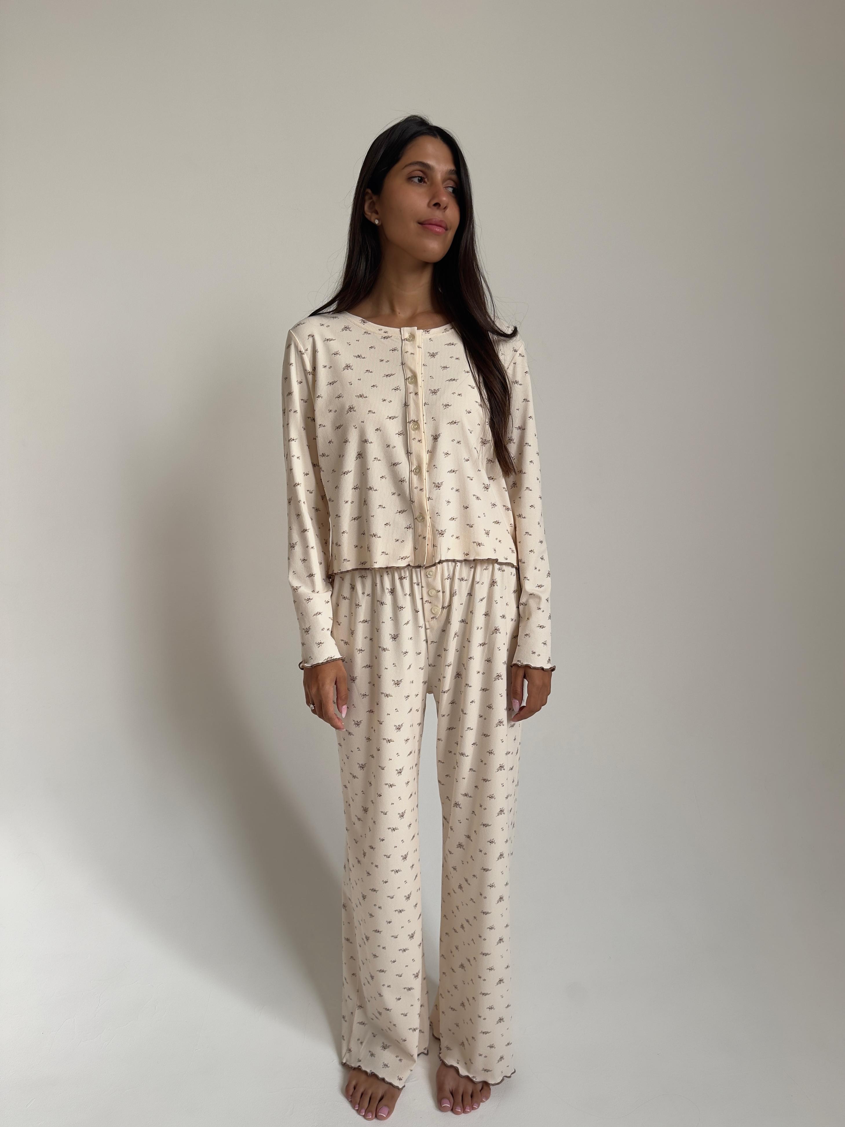 פיג׳מת סיארה ריב פרינט פרחים שמנת