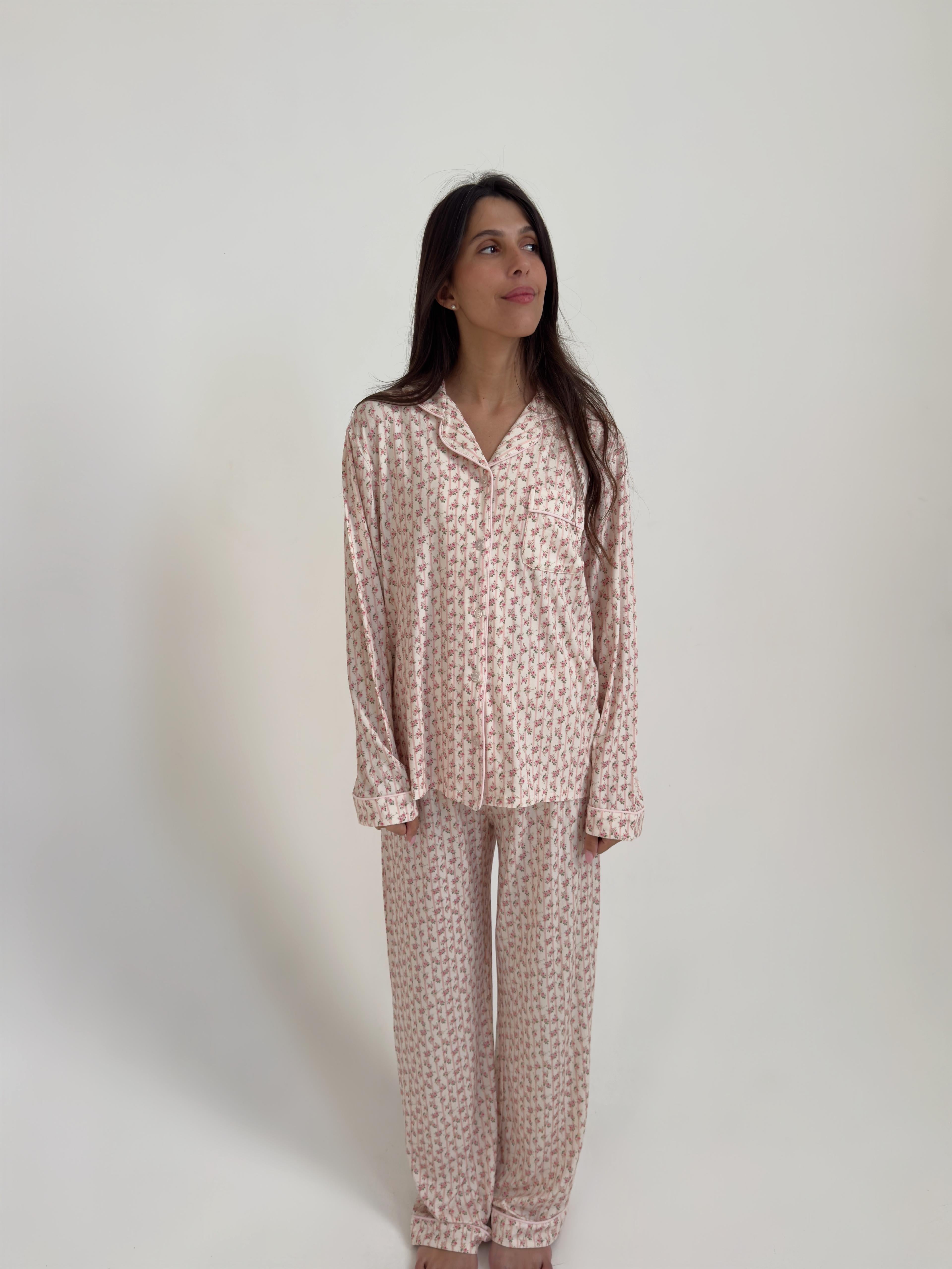 פיג׳מת אמלי פרינט פרחים ורוד