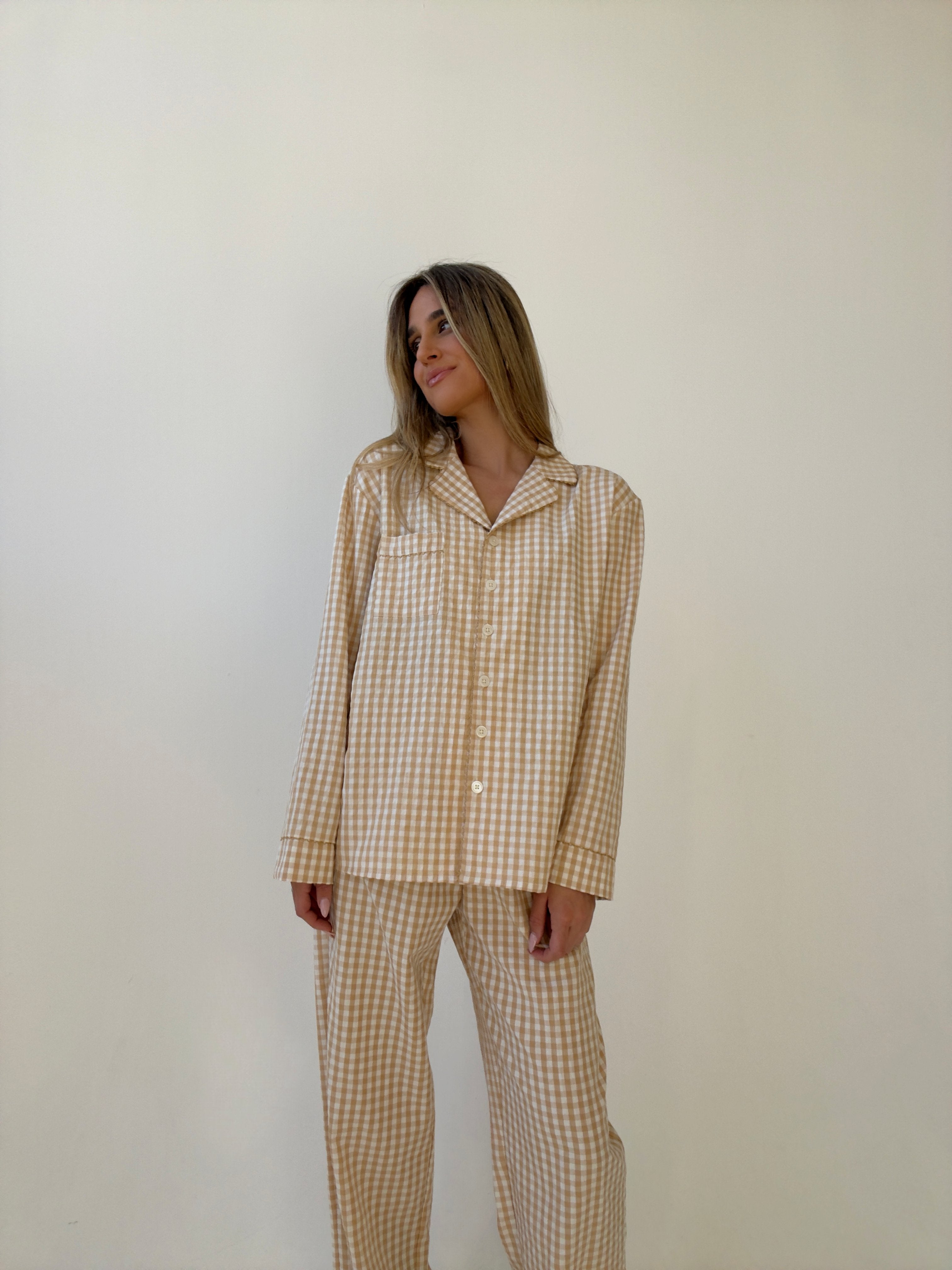 Yves long Matte Camel Checked Cotton Pajamas