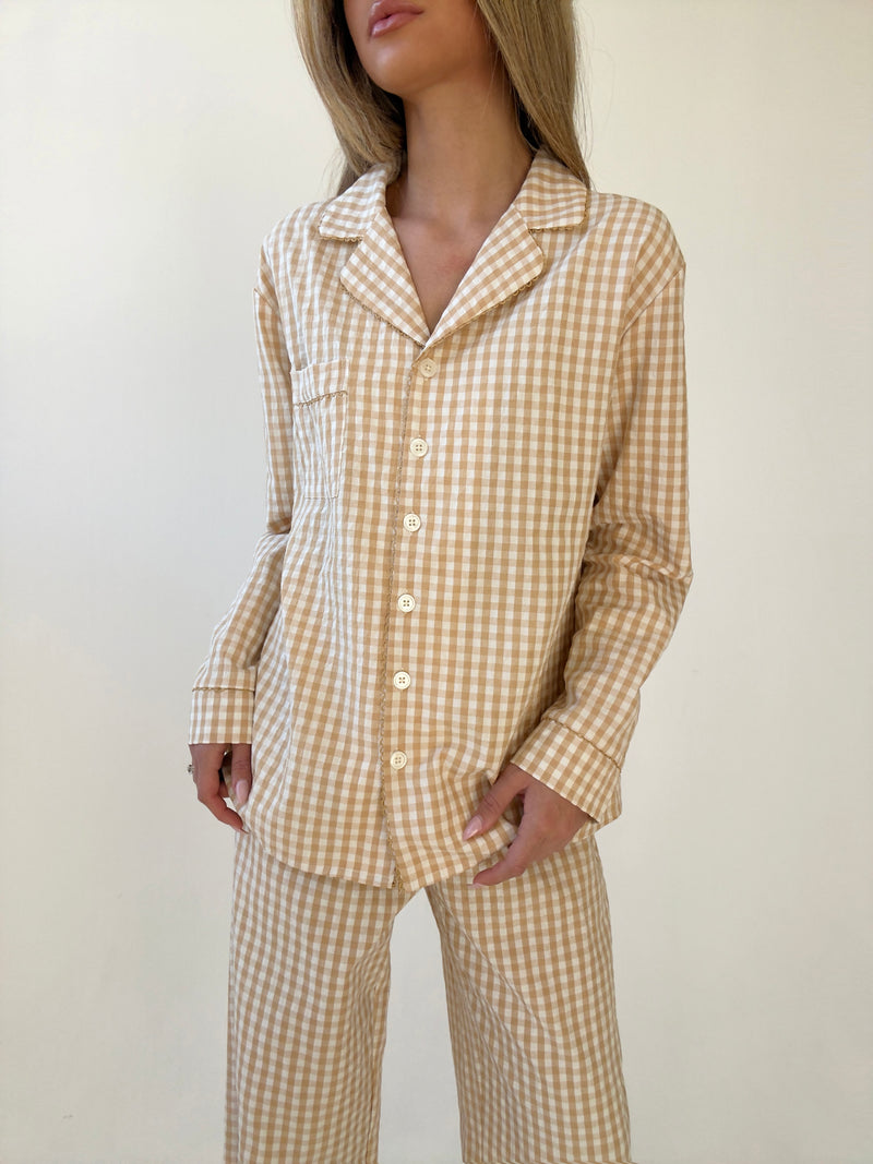 Yves long Matte Camel Checked Cotton Pajamas