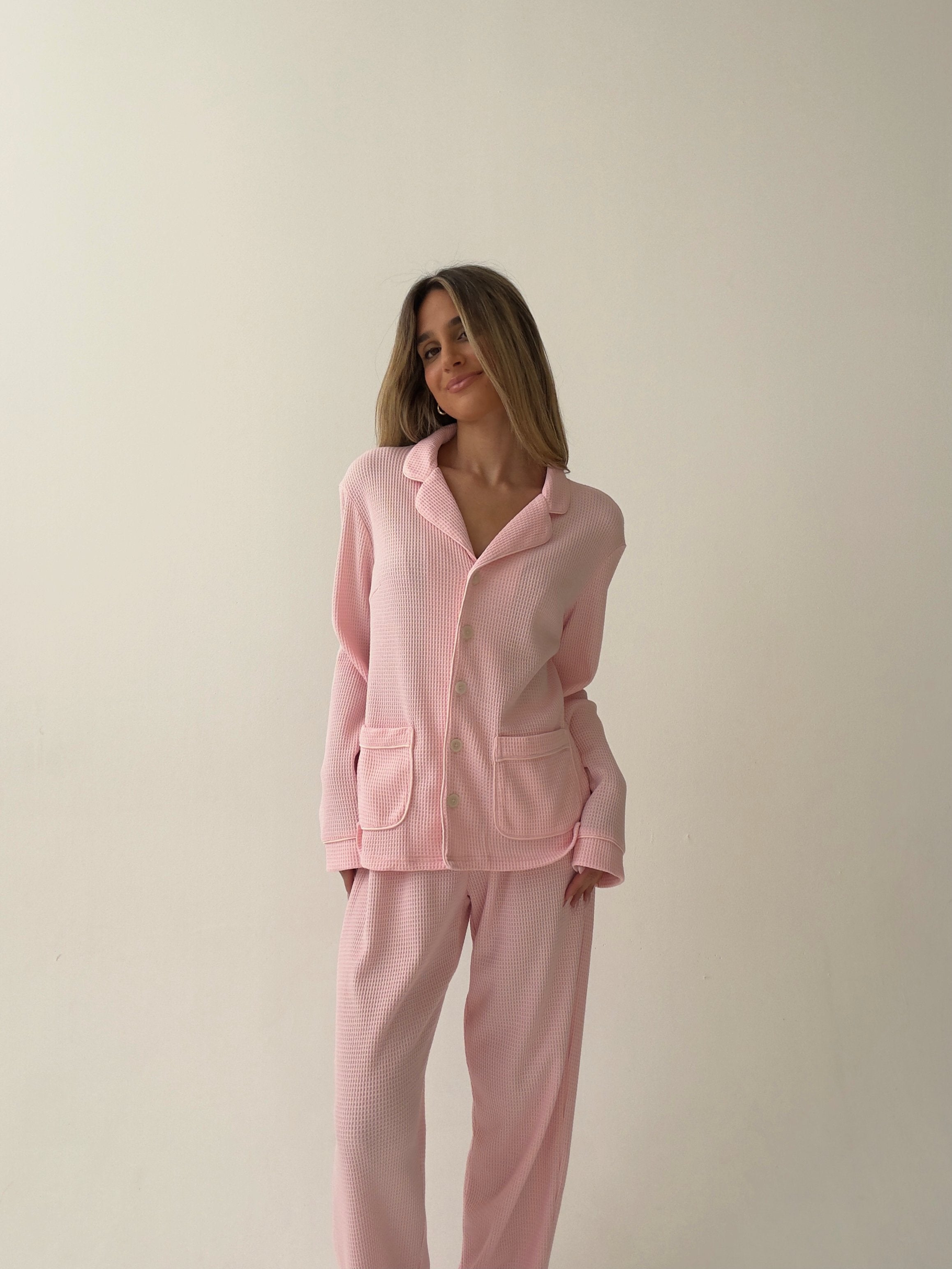 Kelly long Matte Pink Waffle Cotton Pajamas