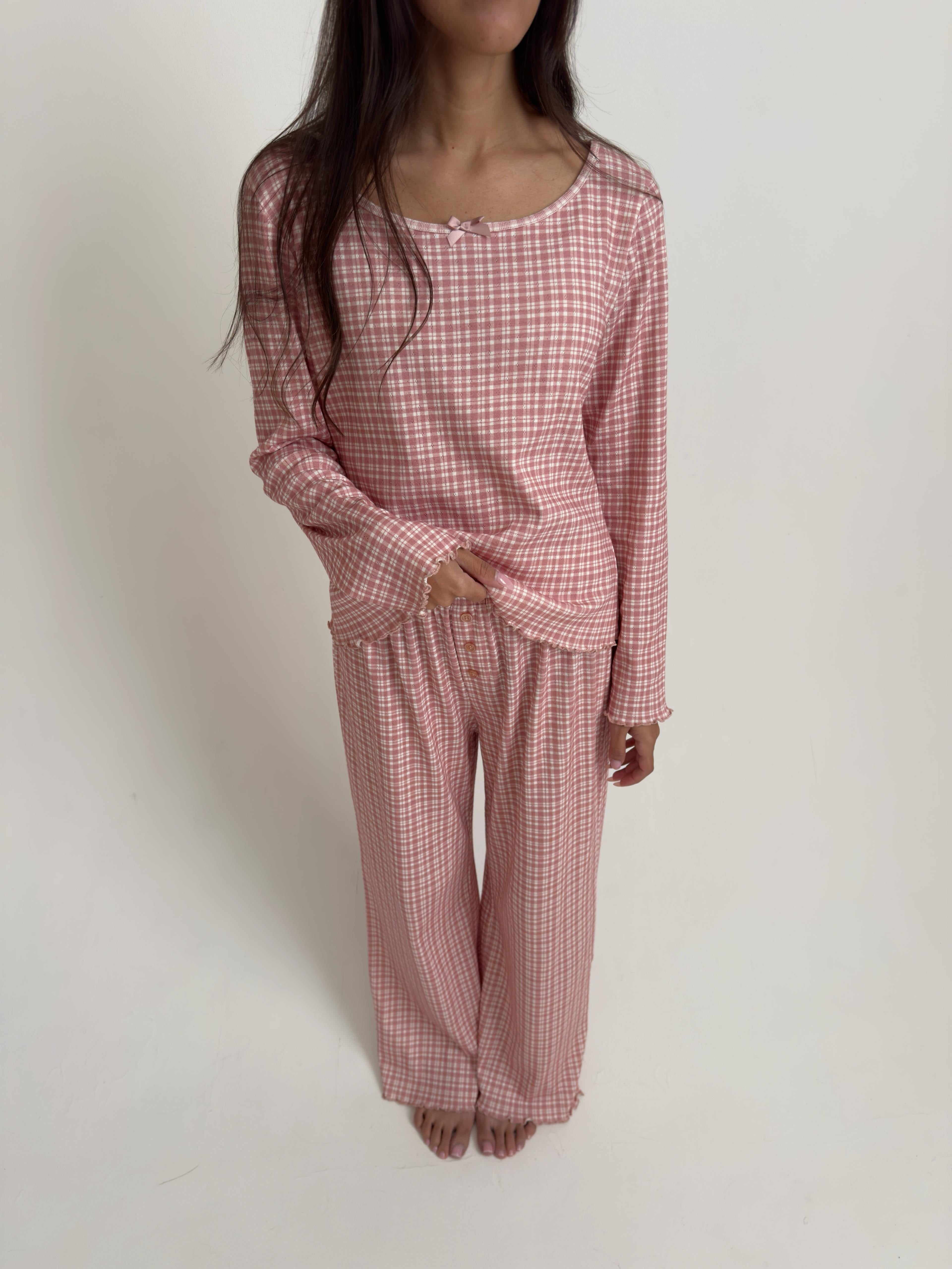 פיג׳מת לילה פוינטל פרינט משבצות ורוד פופיון