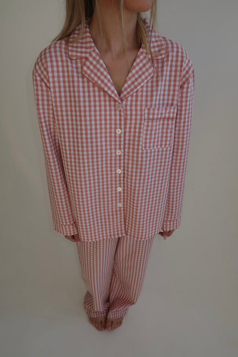 Yves long Matte Pink Checked Cotton Pajamas