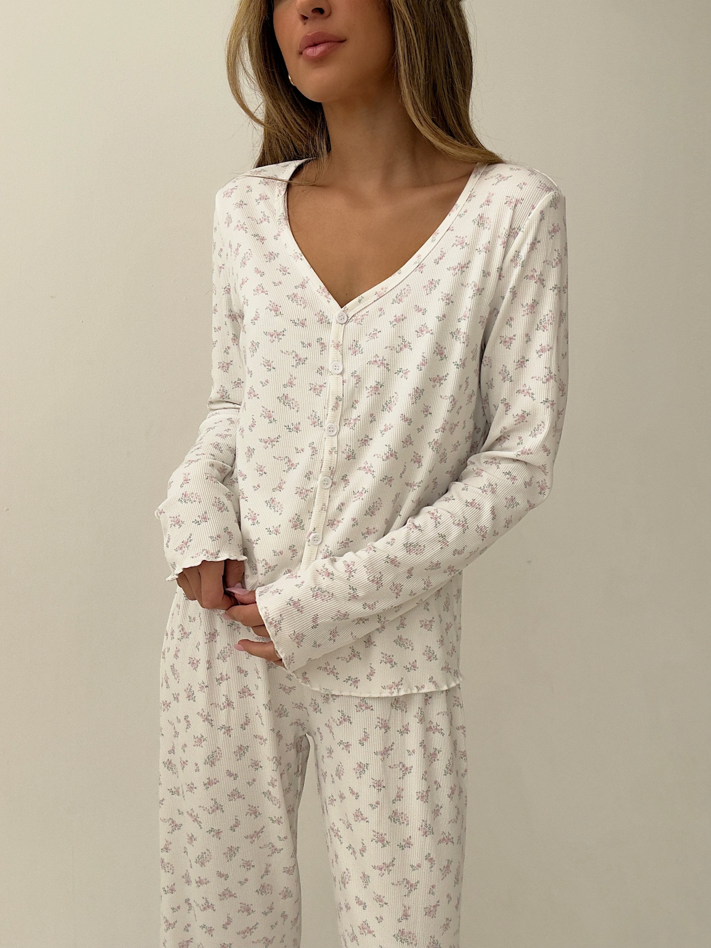 Danielle white Floral Pajamas In cotton