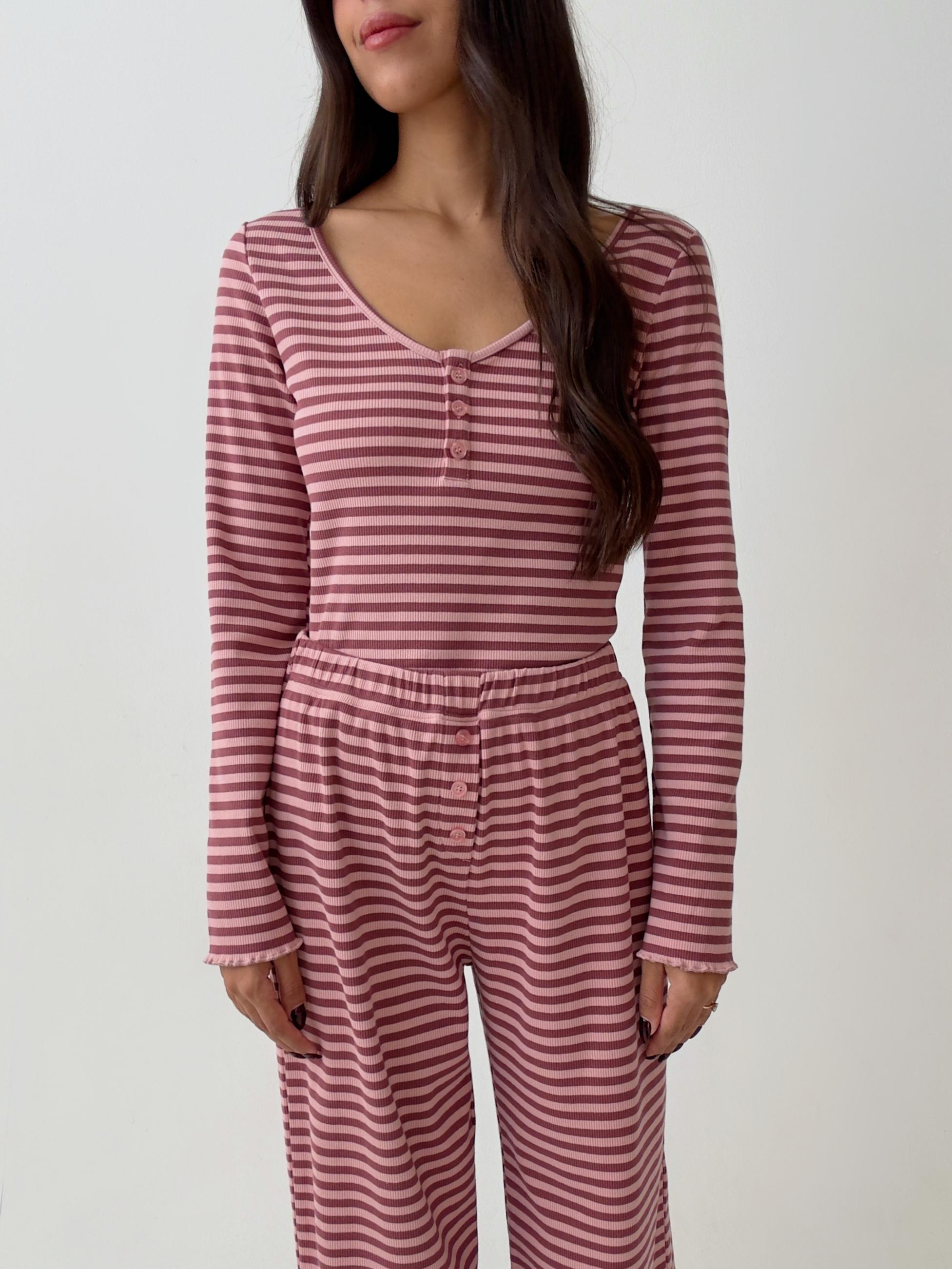 פיג׳מת לילה ריב פסים ורוד בורדו