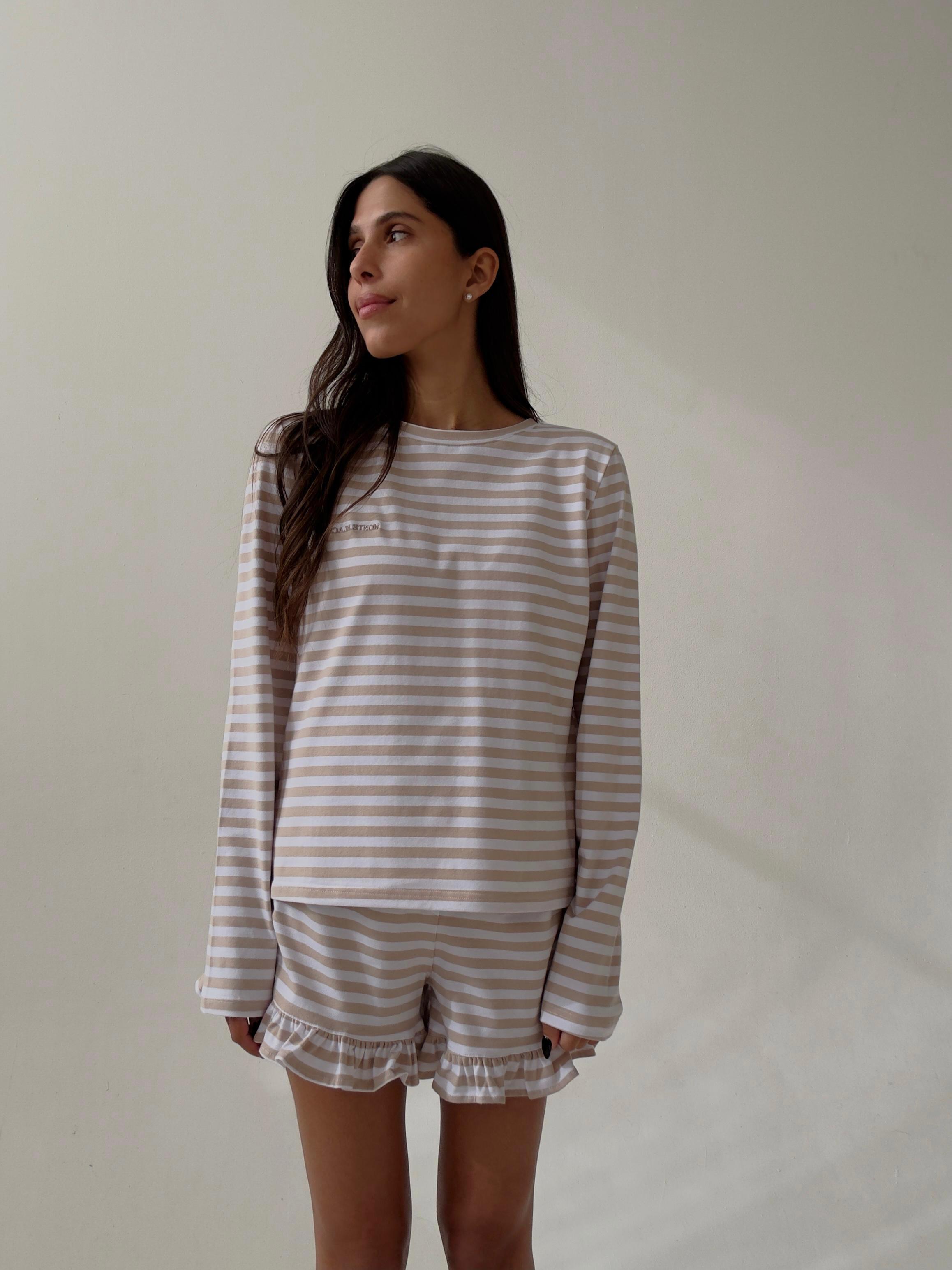 פיג׳מת ג׳סי כותנה פסים אבן רקמת לוגו