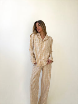 Yves long Matte Camel Checked Cotton Pajamas