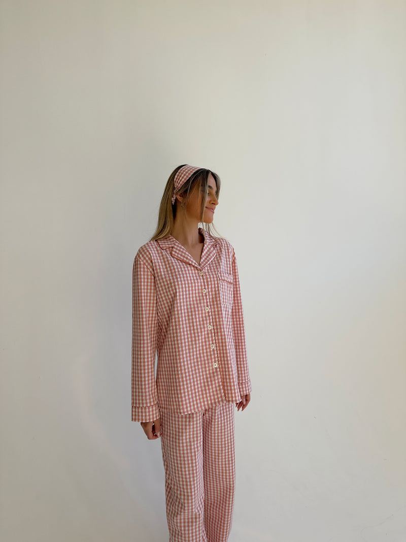 Yves long Matte Pink Checked Cotton Pajamas