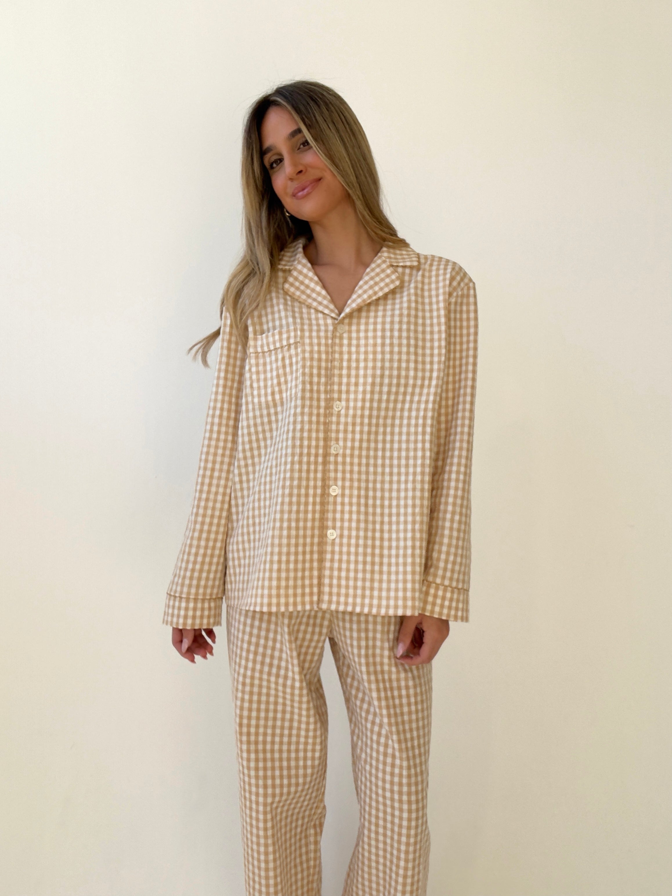 Yves long Matte Camel Checked Cotton Pajamas