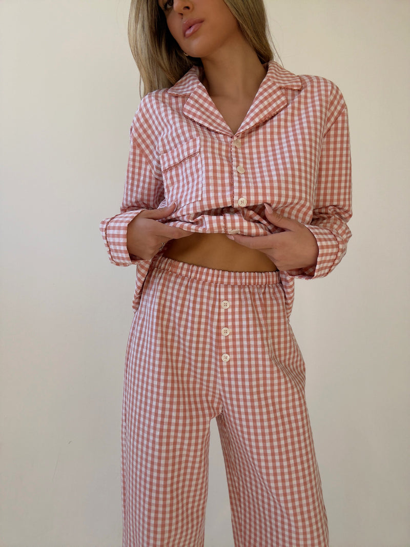 Yves long Matte Pink Checked Cotton Pajamas